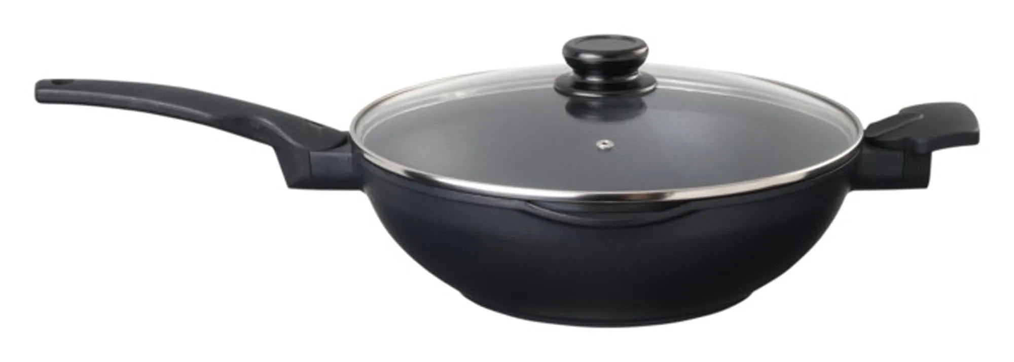 Wok Aluguss 30 cm von EVA COLLECTION: Perfekte Wärmeverteilung, Antihaft, Glasdeckel, für alle Herdarten inkl. Induktion.