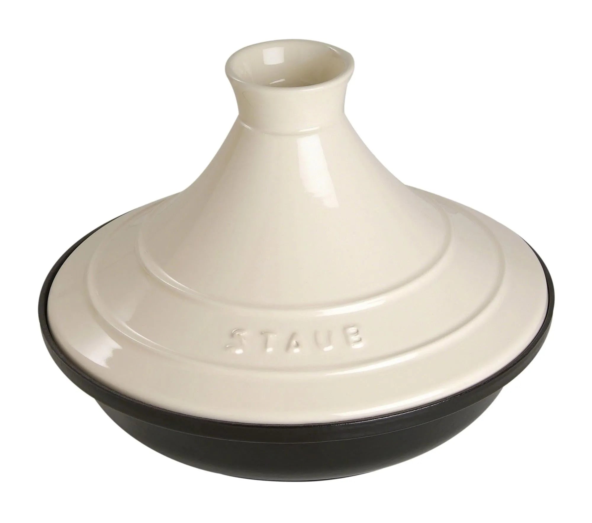 Elegante 28 cm Tajine von Staub in Cream, aus Gusseisen, ideal für aromatische Schmorgerichte, induktionsgeeignet, langlebig.