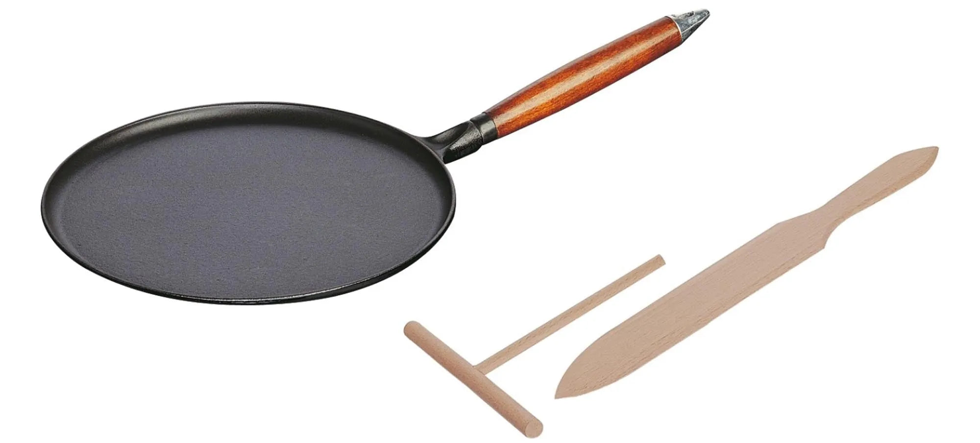 Elegante 28cm Crêpes Pfanne von Staub: Gusseisen, Holzgriff, perfekte Wärmeverteilung, vielseitig, langlebig, stilvoll.