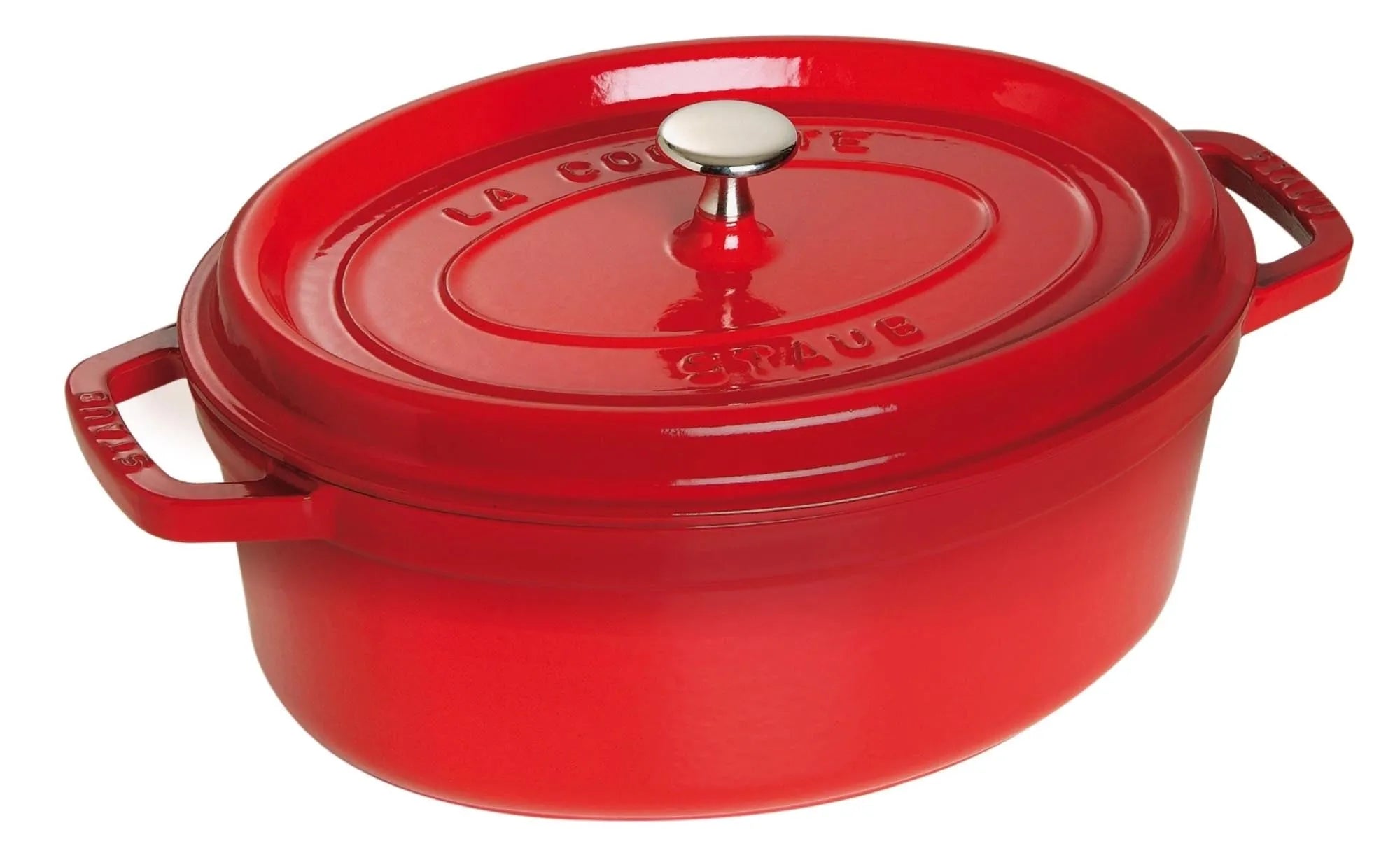 Elegante Cocotte 27 cm, Kirsch-Rot, aus Gusseisen. Perfekte Wärmeverteilung, ideal für Eintöpfe und Braten. Für alle Herdarten geeignet.