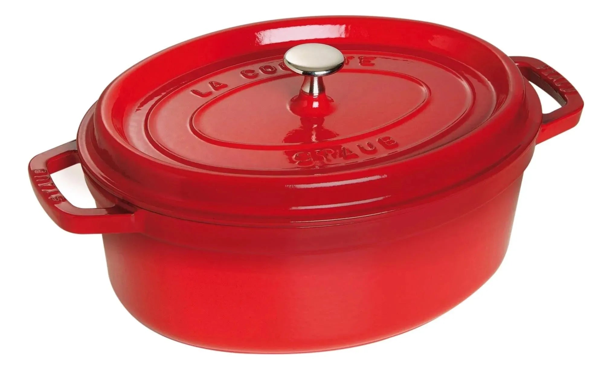 Elegante Staub Cocotte 29 cm, Kirsch-Rot, aus Gusseisen, 4.2l. Perfekt für Eintöpfe, Braten und Schmoren. Für alle Herdarten geeignet.