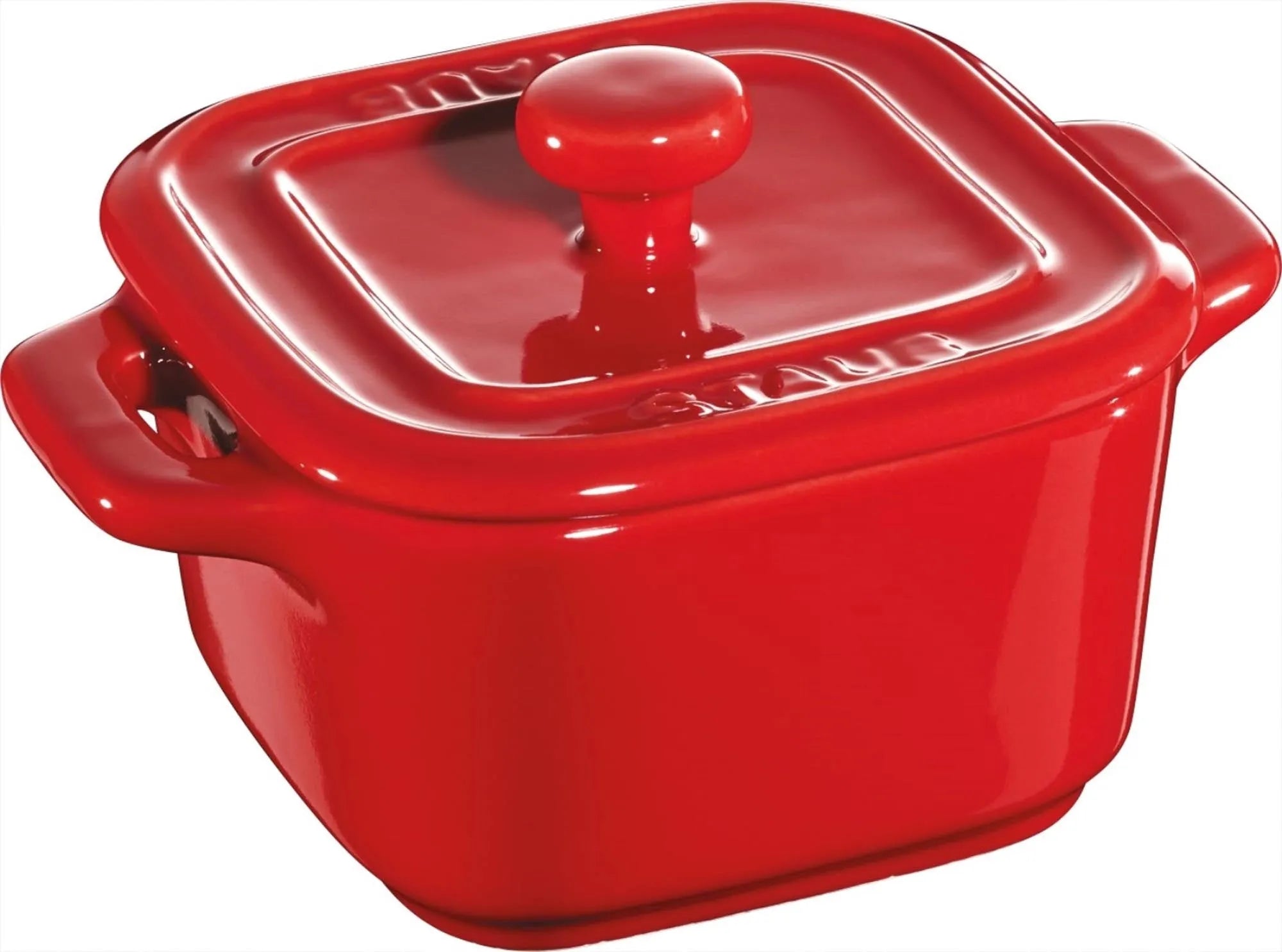 Das XS Mini Cocotte Set von Staub: Quadratische, kirschrote Keramik für perfekte Wärmeleitung, ideal für kleine Portionen, ofen- und mikrowellengeeignet.