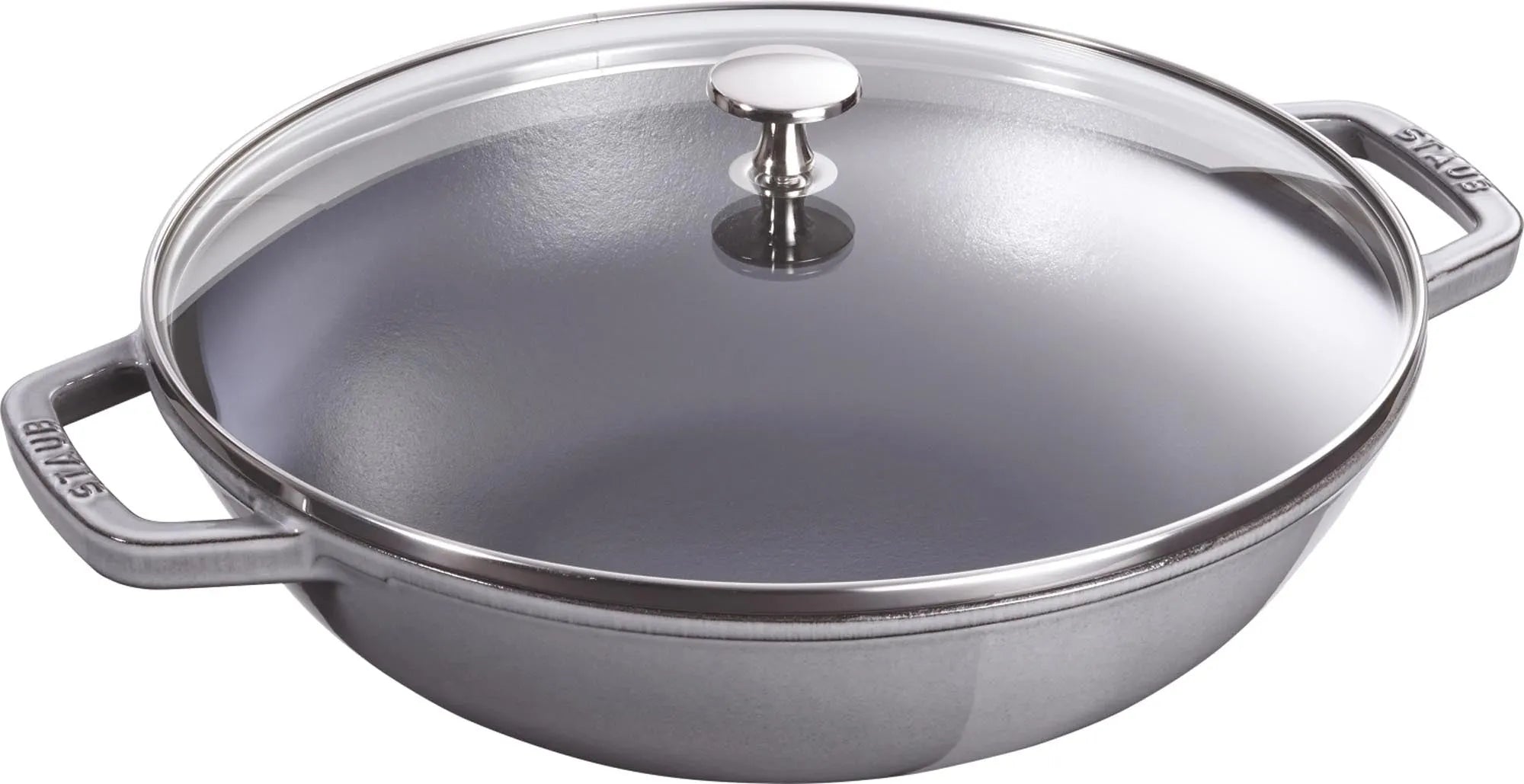 Staub Wok 30cm, 4.4L, graphite grau: Gusseisen für gleichmäßige Wärme, Glasdeckel für Sicht, ideal für asiatische Gerichte.