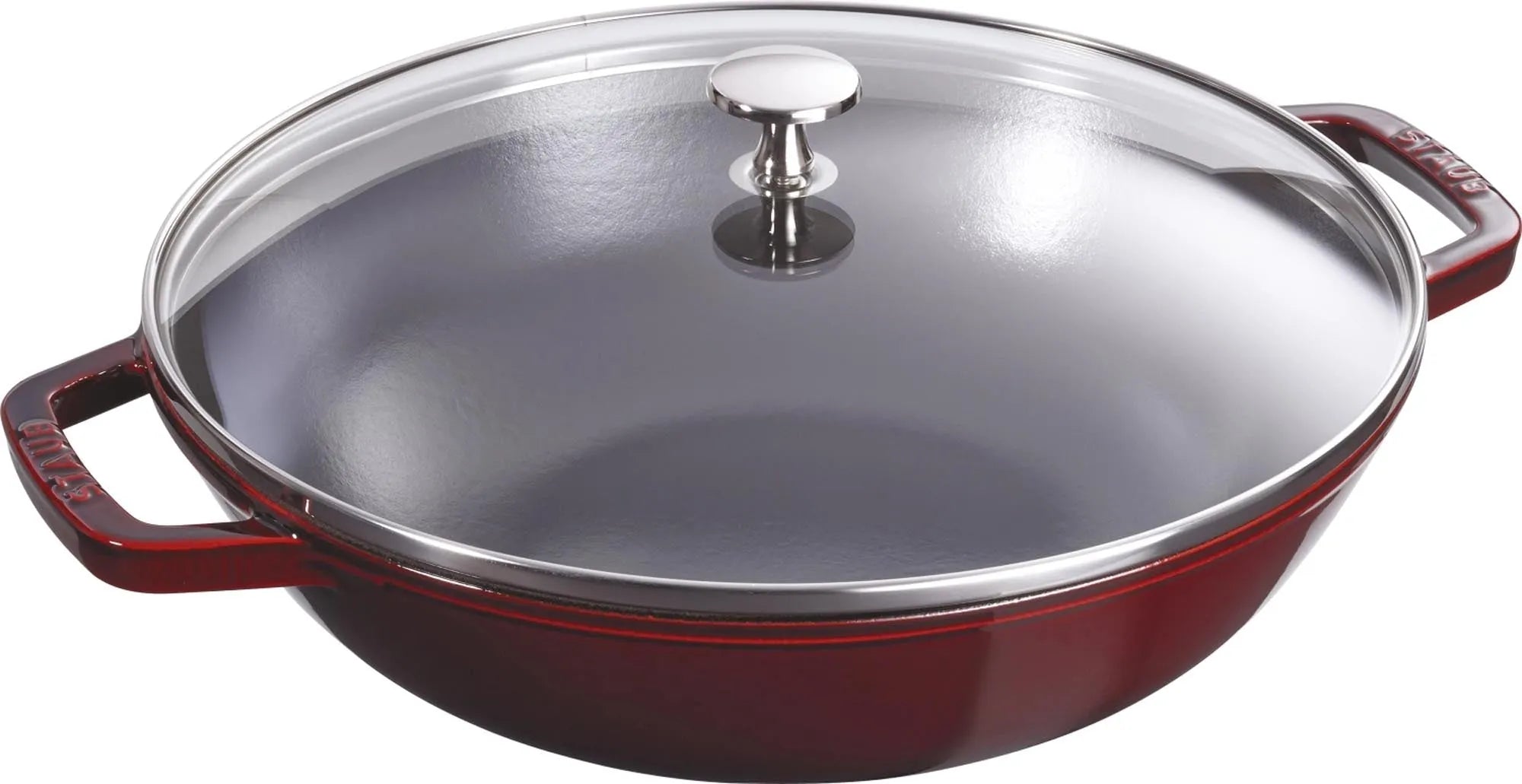 Staub Wok Grenadine: 30 cm, 4.4 L, Gusseisen, Glasdeckel. Perfekt für asiatische Küche, gleichmäßige Wärme, stilvolles Design.