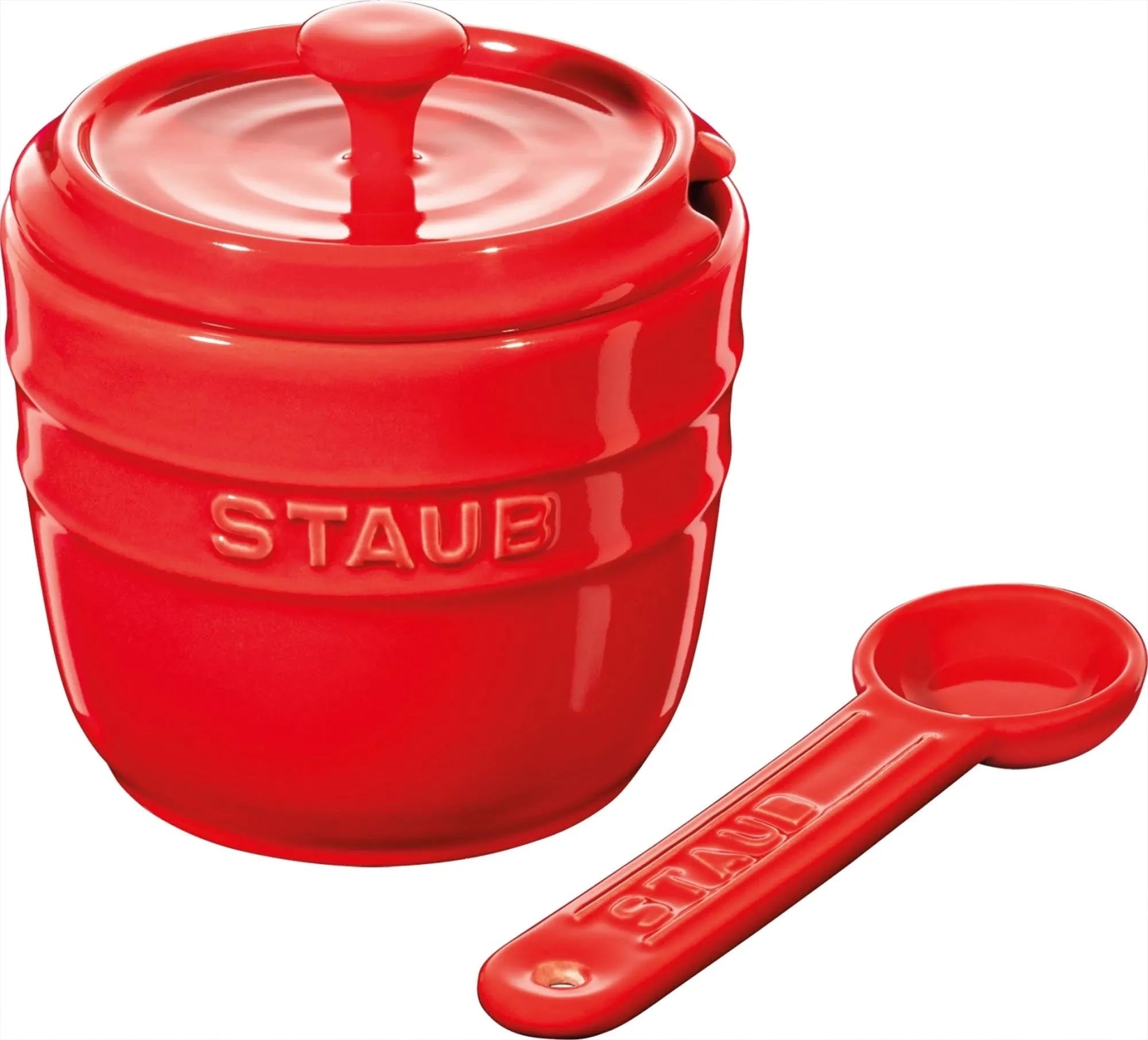 Elegante rote Keramik Zuckerschale von Staub, 0,25l, langlebig, spülmaschinenfest, ideal für stilvolle Tischdekoration.