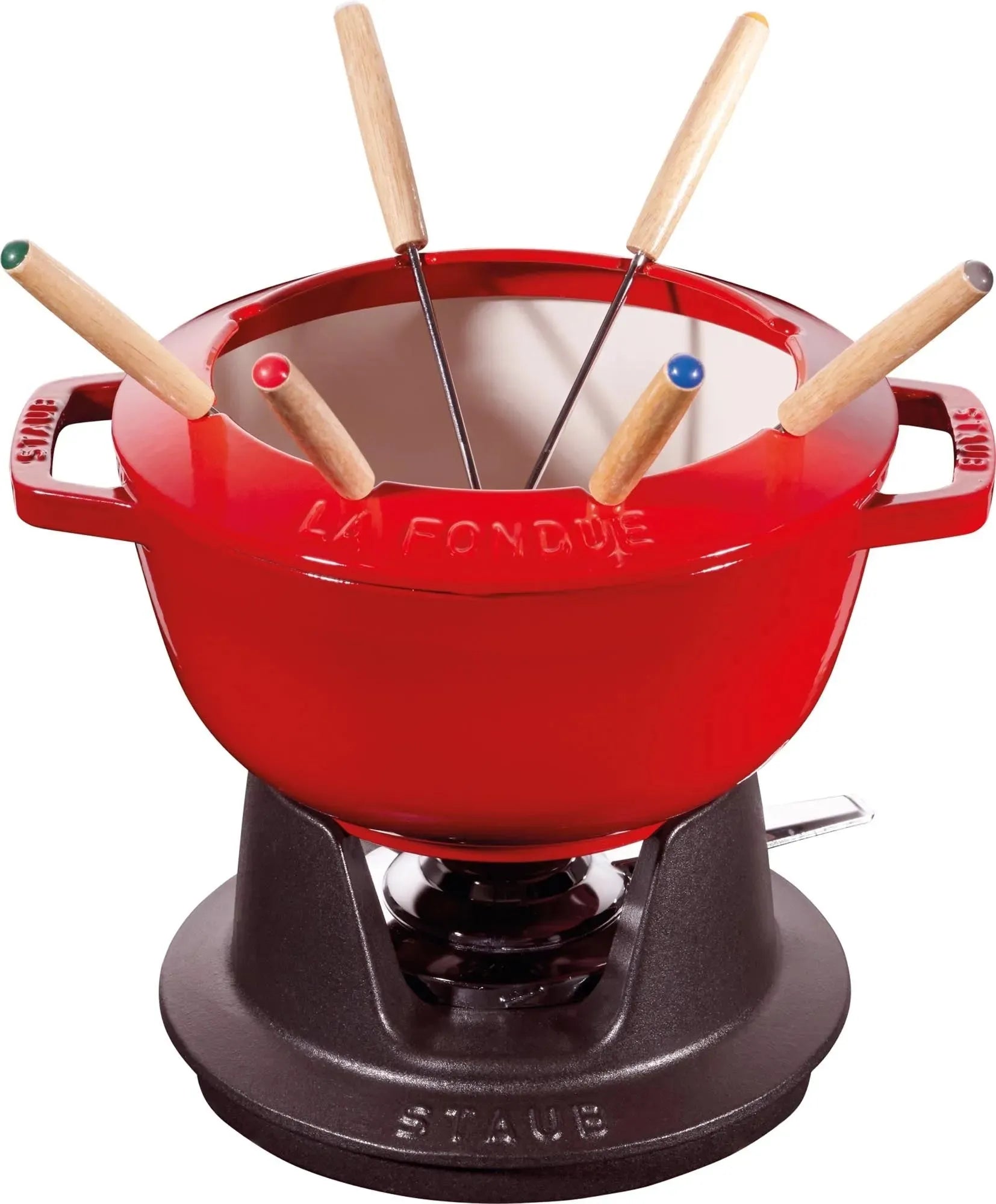 Elegantes Staub Fondue Set aus Gusseisen, 20 cm, mit Holzgriffen. Perfekt für Käse- und Schokoladenfondue. Ideal für gesellige Anlässe.