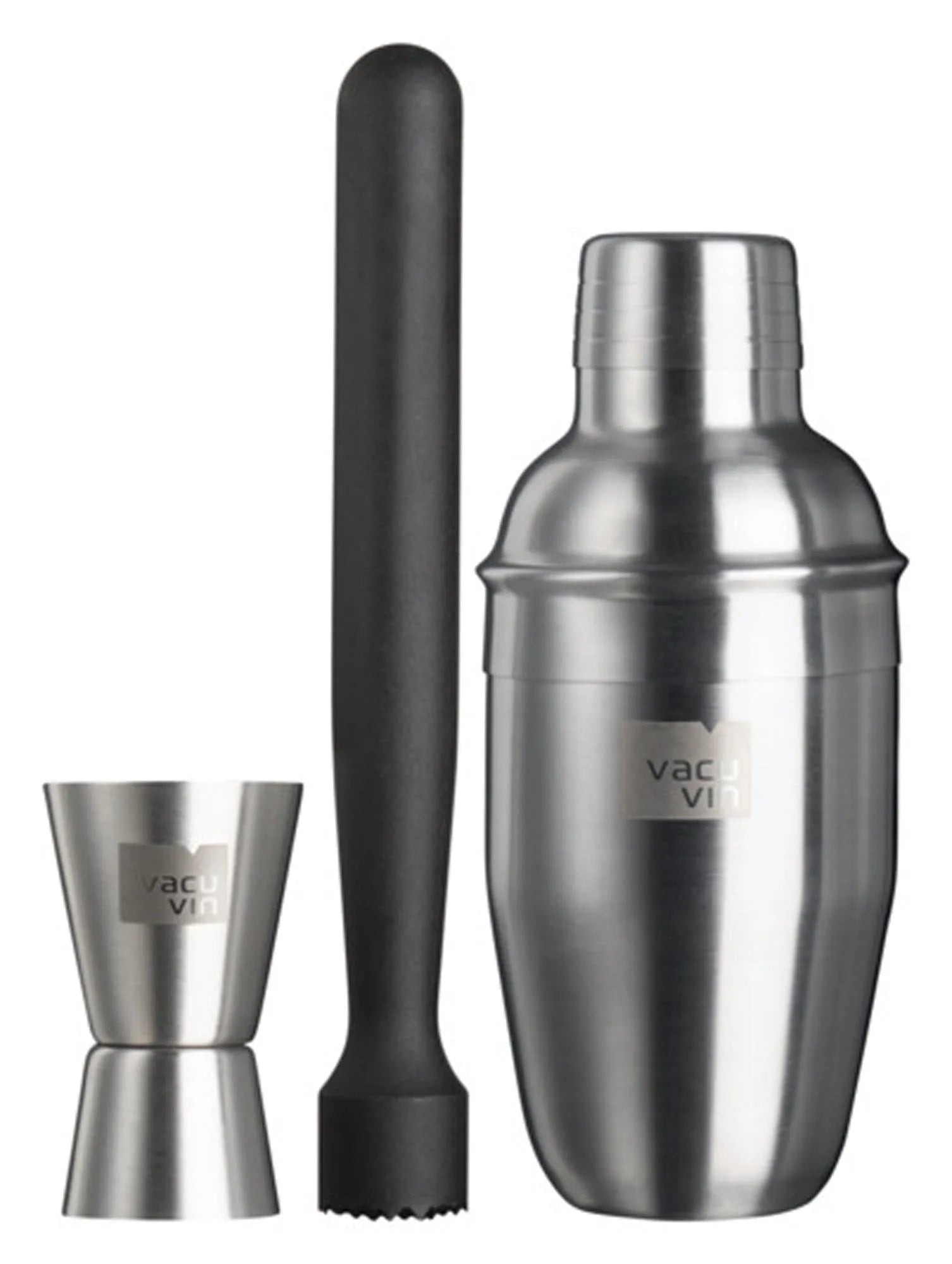 Elegantes 3-teiliges VACUVIN Cocktail Set: Shaker, Double Jigger, Stössel aus Edelstahl – perfekt für jede Hausbar!