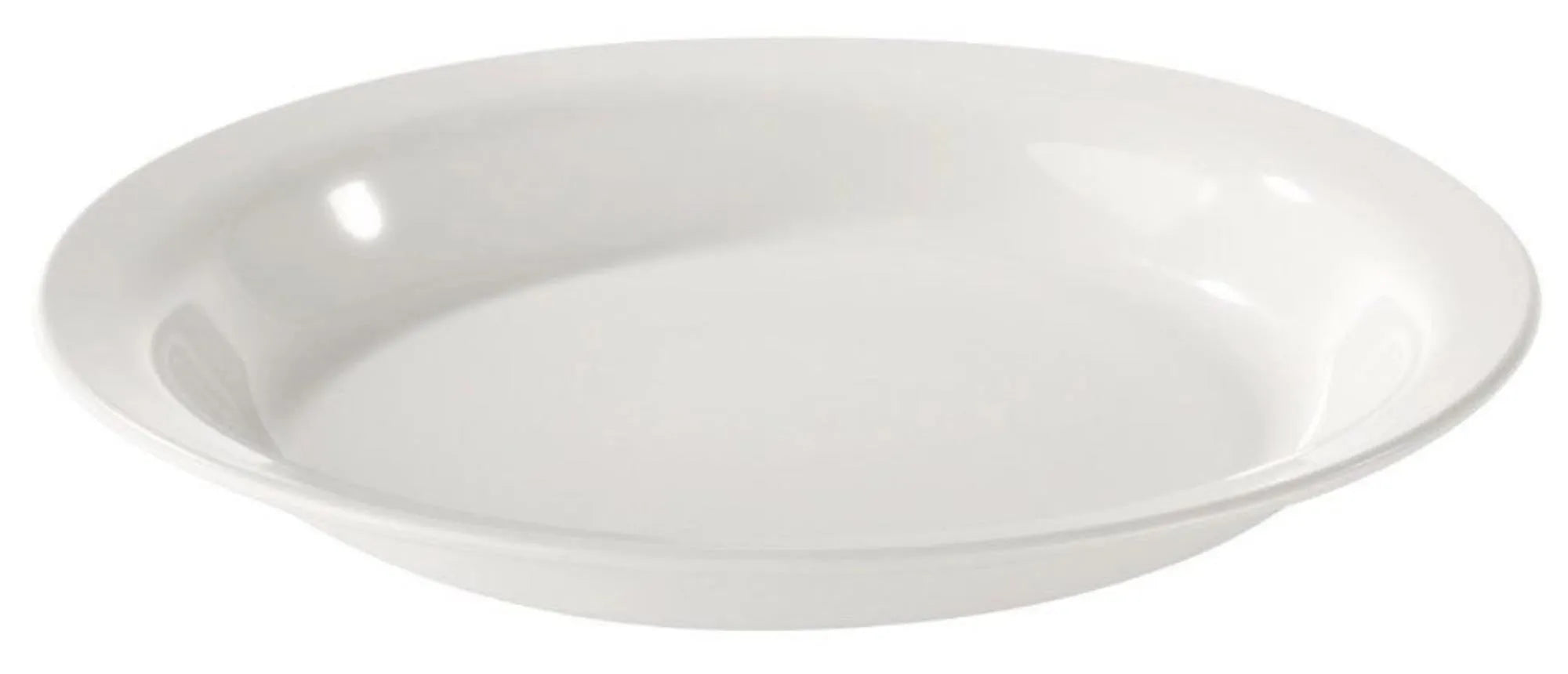 Robuster, bruchsicherer Polycarbonat-Teller (D18.5cm, H4.5cm), mikrowellen- und spülmaschinenfest, ideal für Gastronomie.