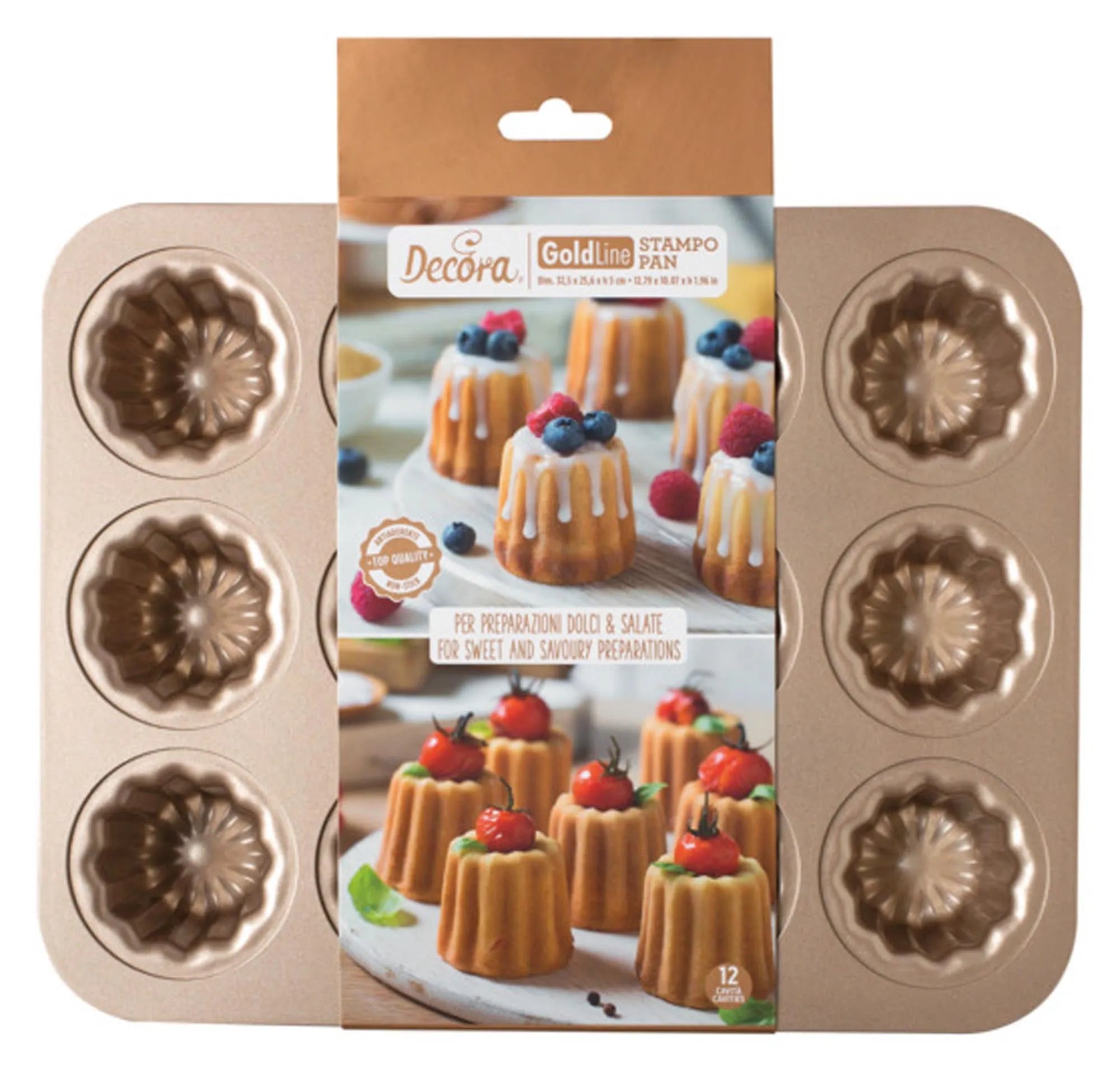 Goldenes Backblech für 12 Cannelés, ø 5.5x4.5 cm, mit Antihaftbeschichtung. Perfekt für knusprige, saftige Cannelés. Robust und spülmaschinenfest.