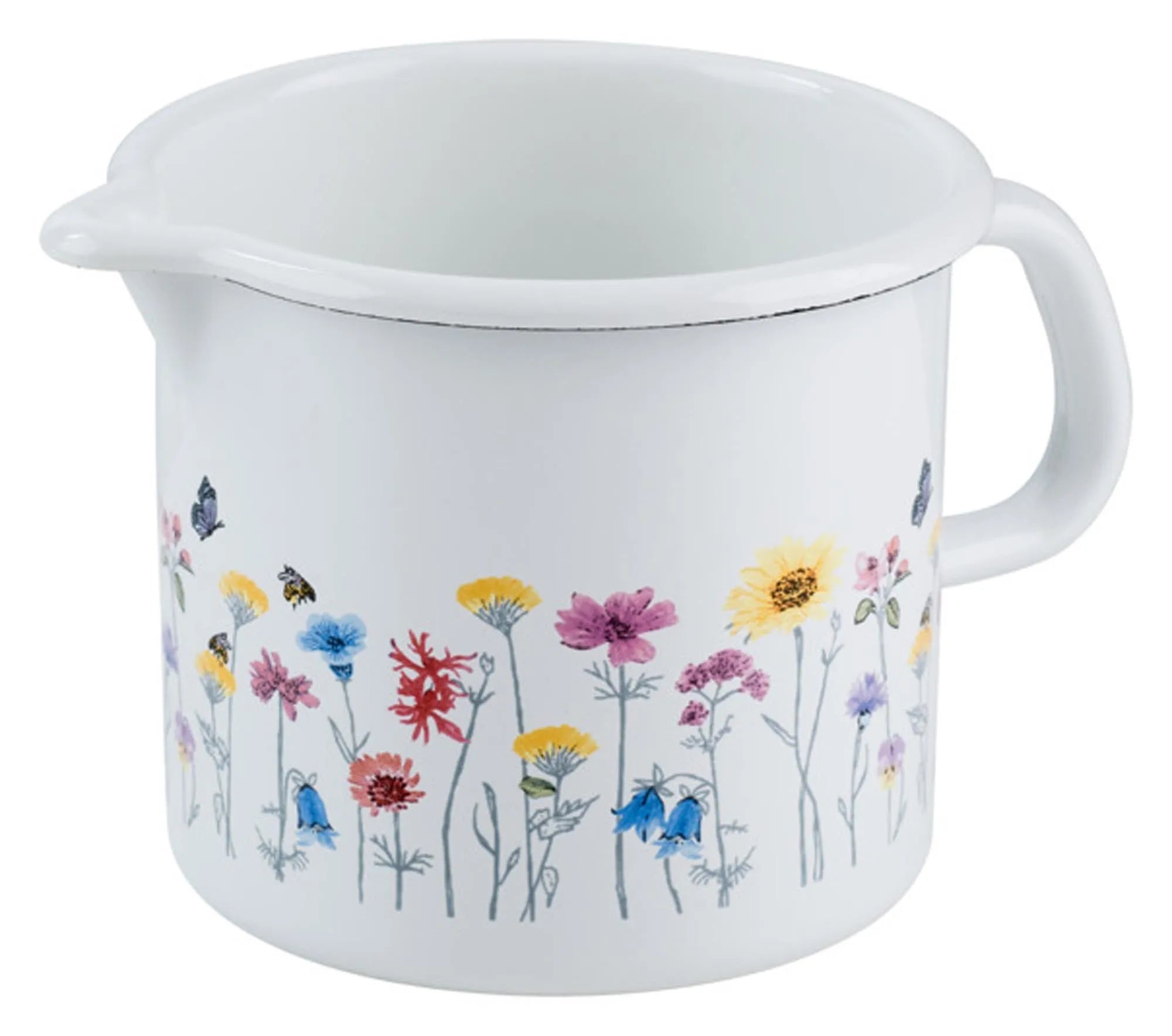 Schnabeltopf Flora 1 l von RIESS: Emaille-Milchtopf, hitzebeständig, präzises Ausgießen, florales Design, für alle Herdarten.