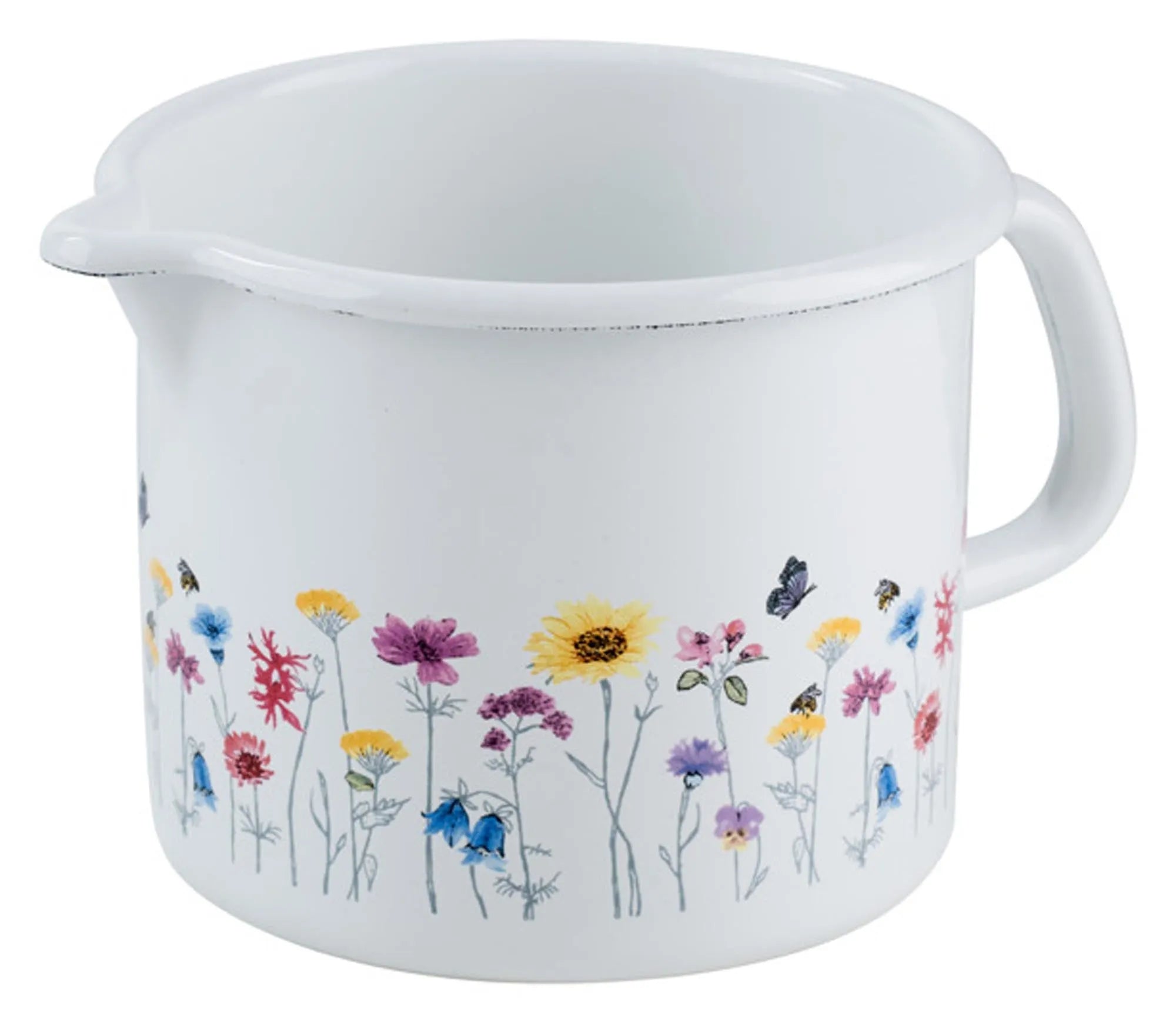 Hochwertiger Emaille-Milchtopf von RIESS, 1.7 l, ø 14 cm, mit präzisem Ausguss und charmantem Flora-Design, für alle Herdarten.