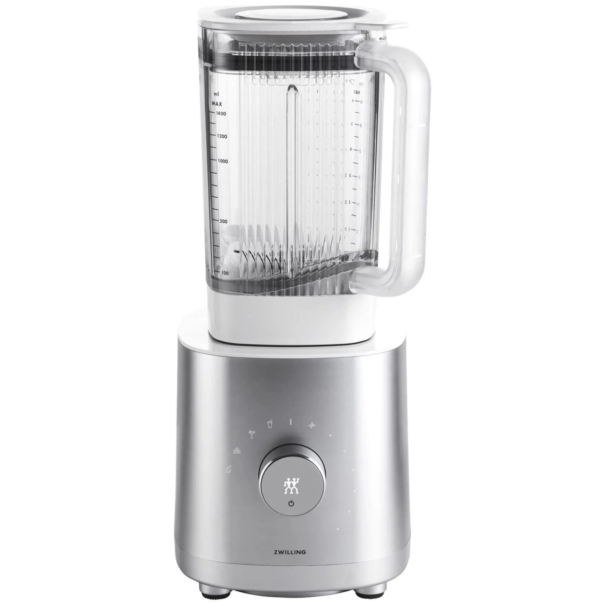 Eleganter 1,4L Standmixer von Zwilling in Silber für vielseitige Küche.