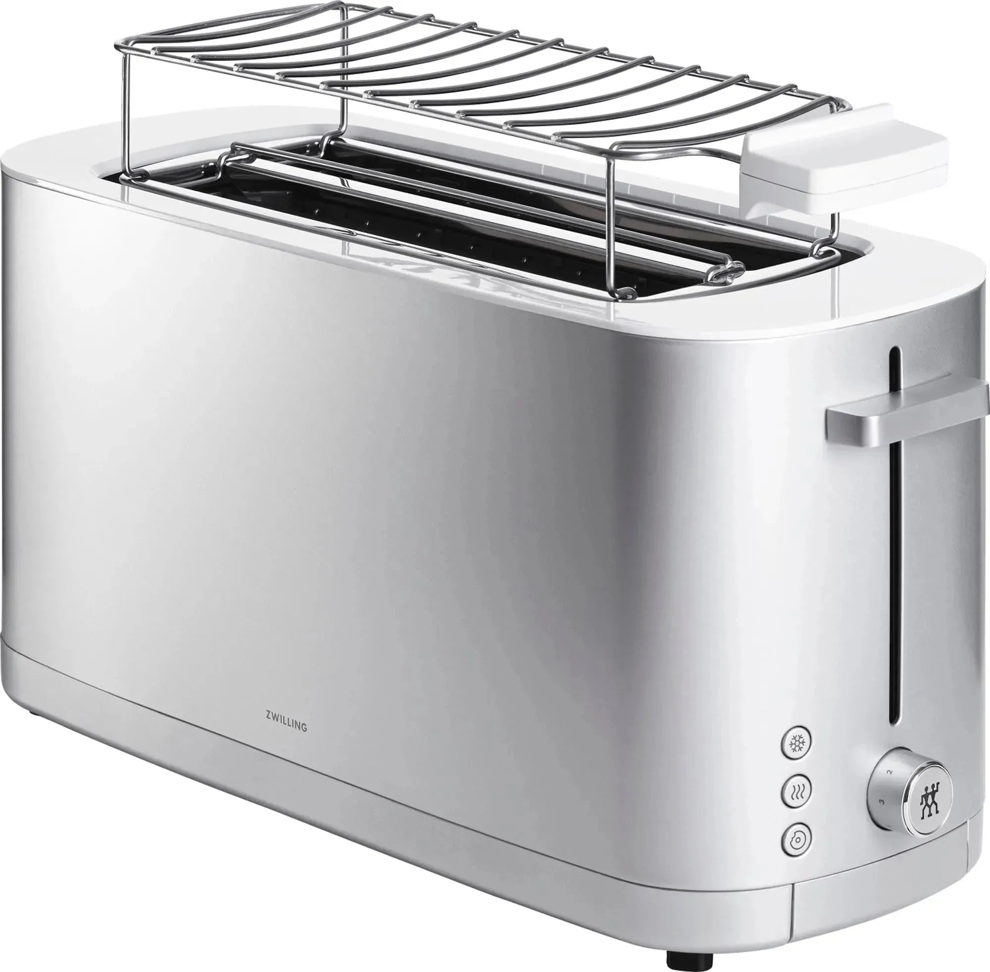 Der stilvolle Enfinigy Toaster 2x4 von Zwilling in Silber vereint Funktionalität und Design mit Brötchenaufsatz und variablen Bräunungsstufen.