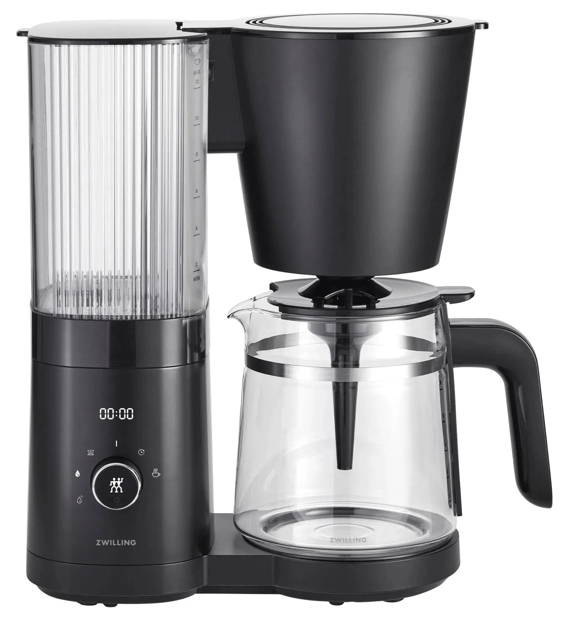 Elegante Zwilling Enfinigy Kaffeemaschine: 1,5L, schwarz, Edelstahl, intuitive Bedienung, Warmhaltefunktion, leicht zu reinigen.