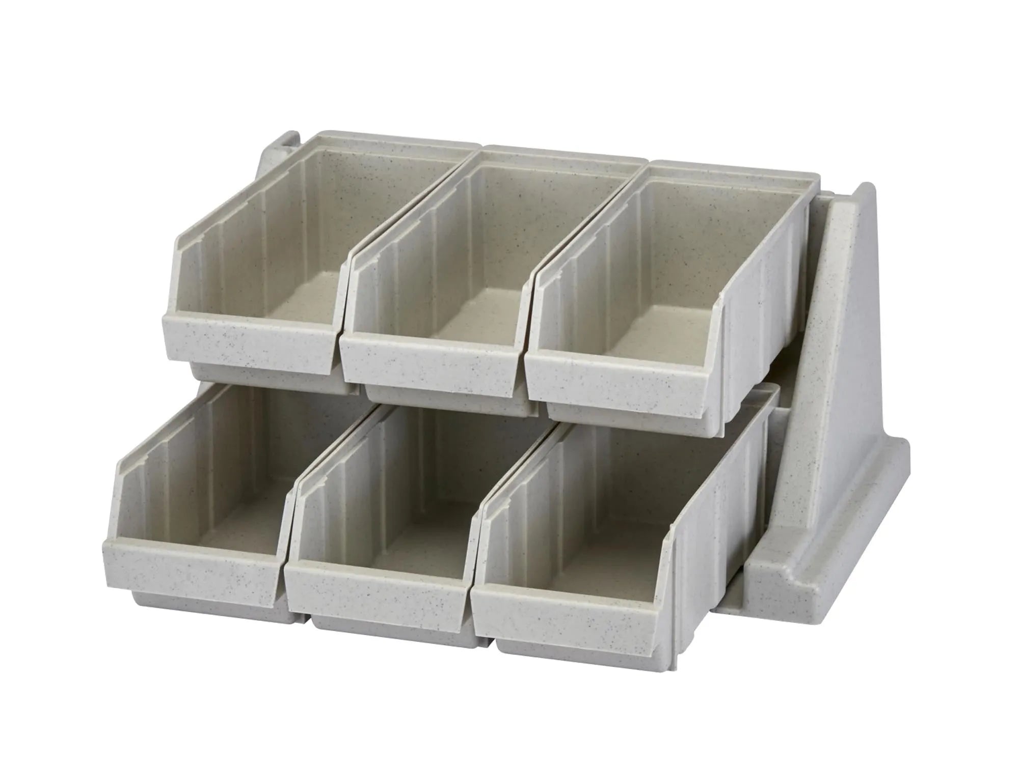 Praktischer Besteckdispenser von Cambro: 6 graue Schalen, robustes Polyethylen, hygienisch, ideal für Buffets & Kantinen.