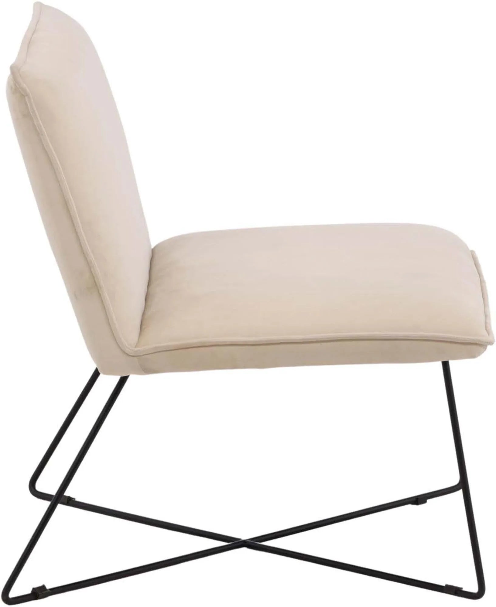 Eleganter X-Lounge Sessel in Beige, samtig weich, mit schwarzen Metallbeinen. Perfekt für stilvolle Akzente und Komfort.