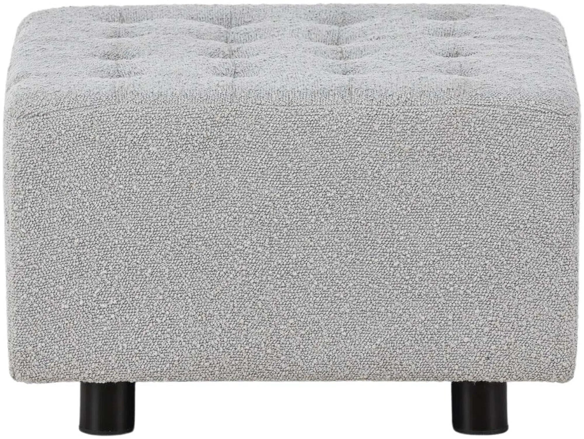 Eleganter Bowie Ottoman von Venture Home: hellgrauer Boulene-Stoff, schwarze Stahlbeine, vielseitig als Sitz oder Deko.