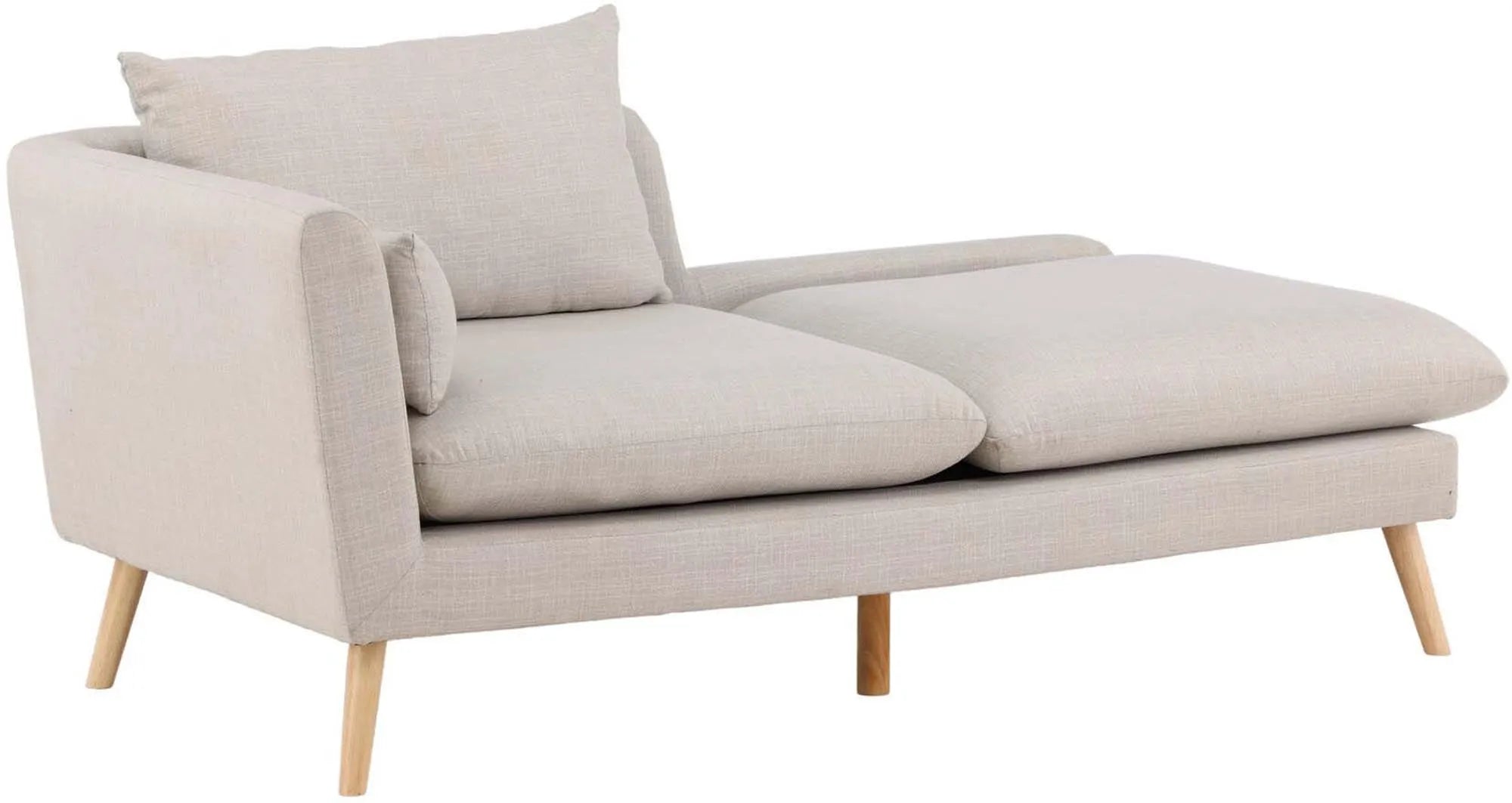 Elegantes Tacoma Sofa: nordisches Design, beiges Leinen, helle Holzbeine, Komfort und Vielseitigkeit für modernes Wohnen.