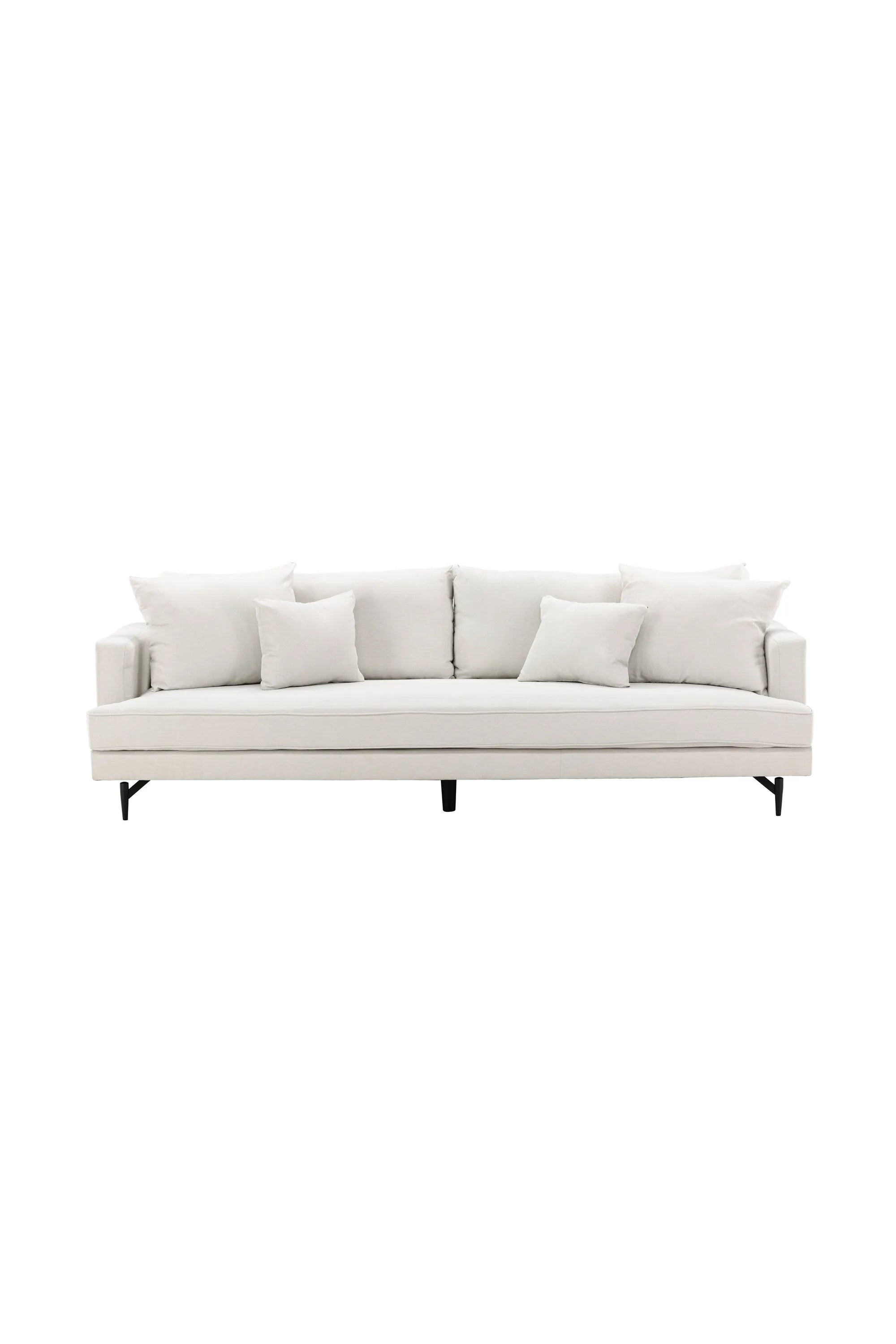 Das Sofia 3-Sitzer-Sofa von Venture Home: Beige Leinen, hoher Komfort, stilvolles Design, schwarze Metallbeine, ideal für Familien.