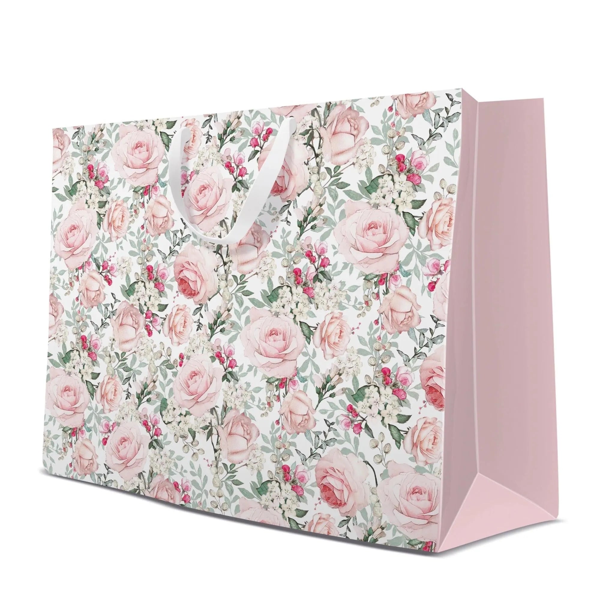 Elegante Geschenktüte mit Rosenmuster, 54x44x16 cm, ideal für stilvolle Geschenke. Hochwertig, umweltfreundlich, robust und romantisch.