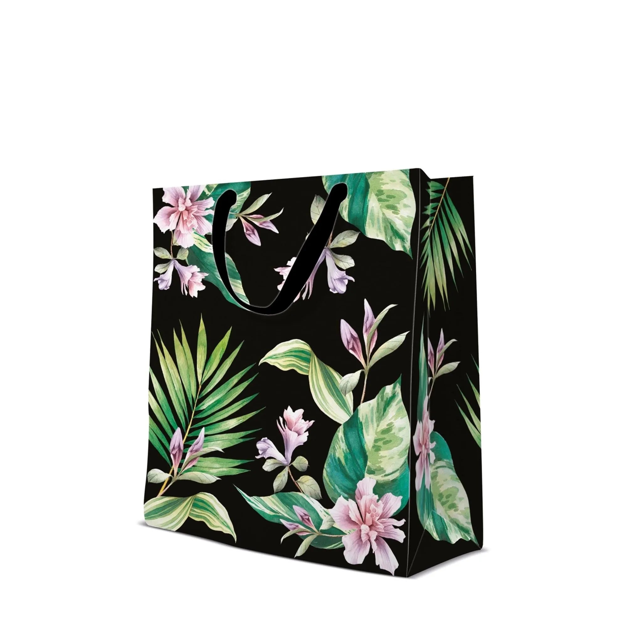 Stilvolle Geschenktüte mit exotischen Blumen, 33.5x26.5x13 cm, umweltfreundlich, ideal für besondere Anlässe. Robust und elegant.