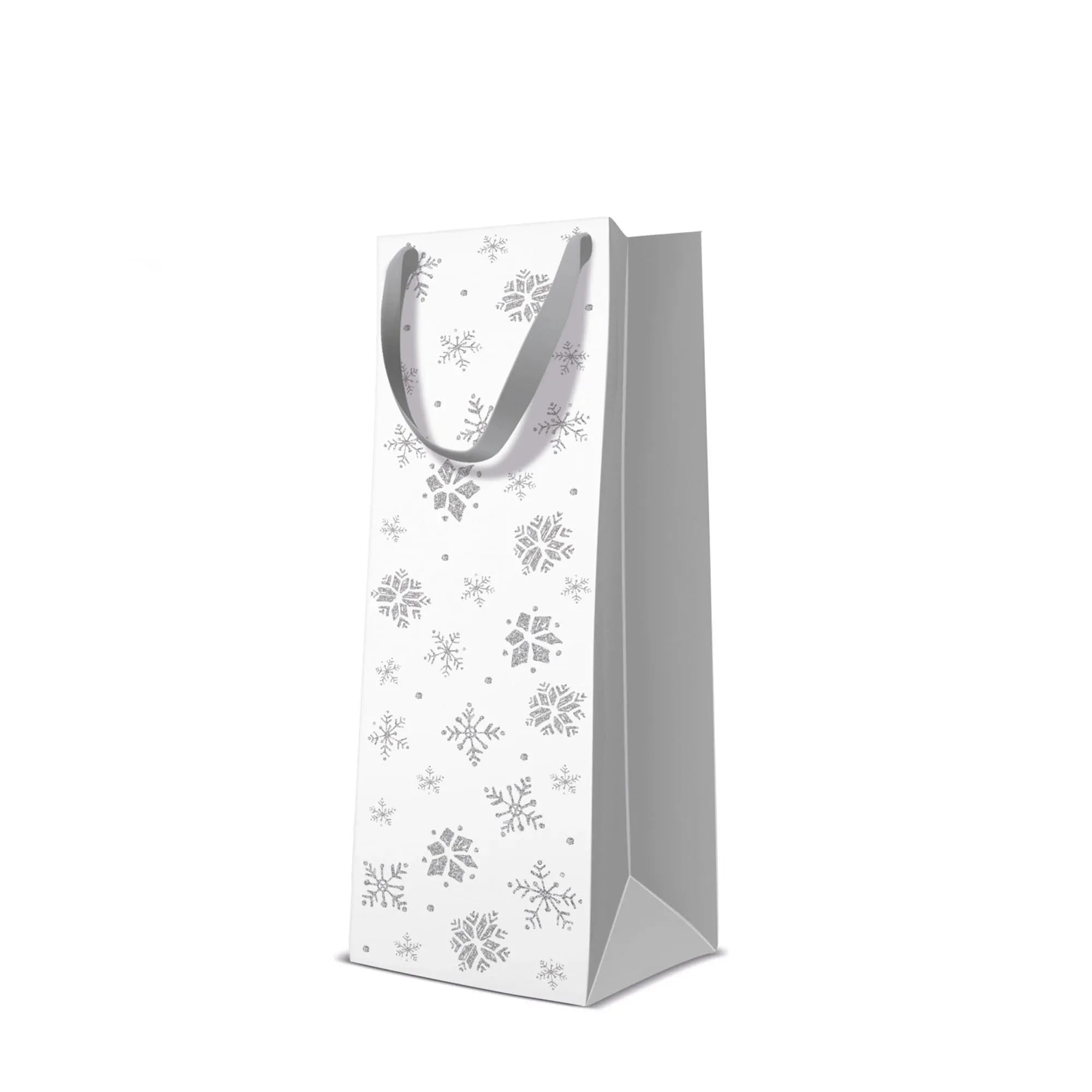 Geschenktüte f. Flasche Schneeflocken/silber 12x10x37cm - KAQTU Design