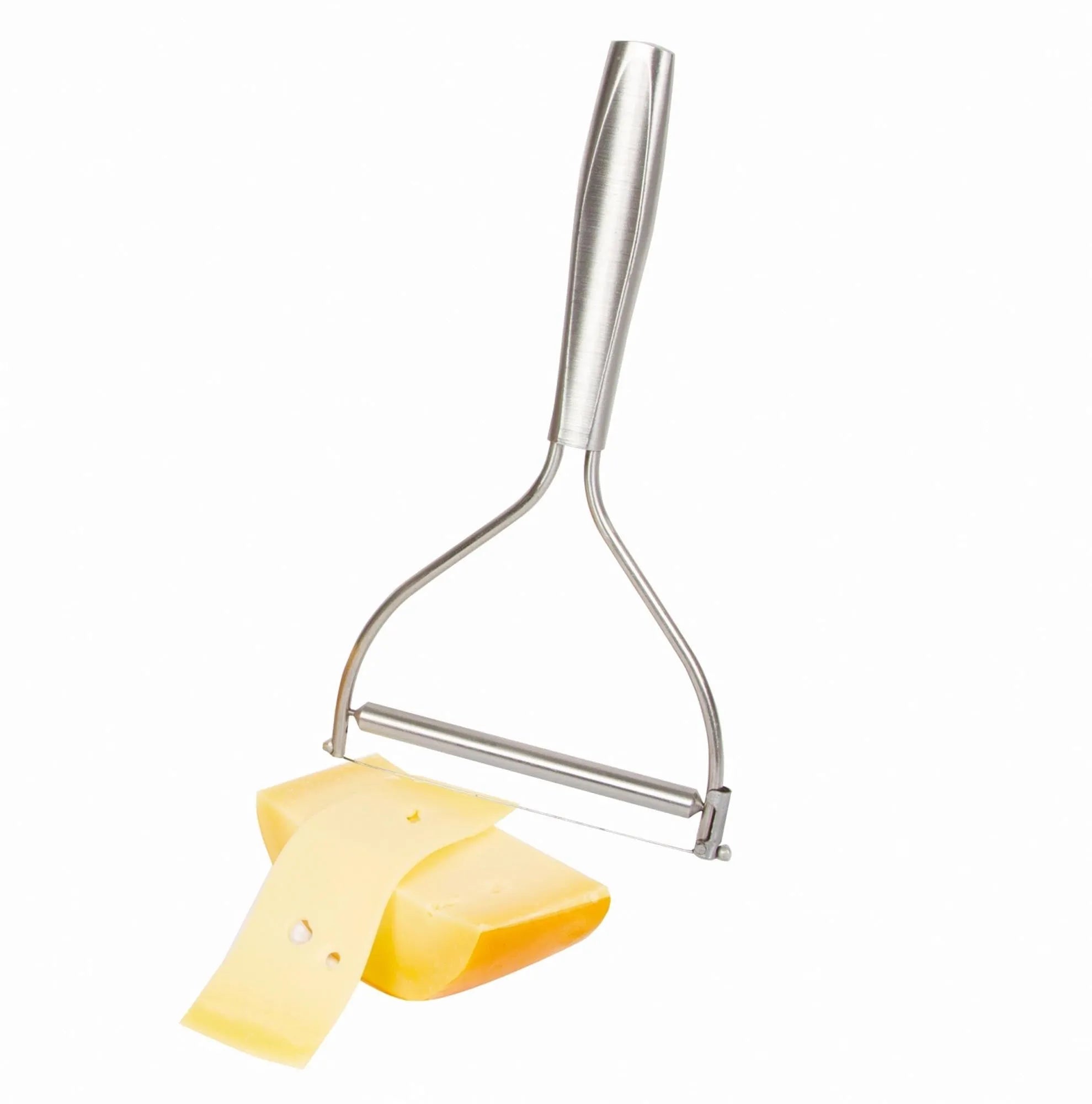 Eleganter Käsedrahtschneider aus Edelstahl für präzises Schneiden von Brie bis Parmesan. Ergonomisch, langlebig, pflegeleicht.