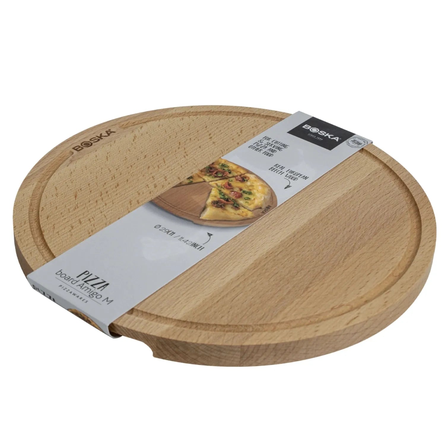 Boska Pizzabrett Amigo M: Stilvoll servieren auf Ø29cm Holzbrett.