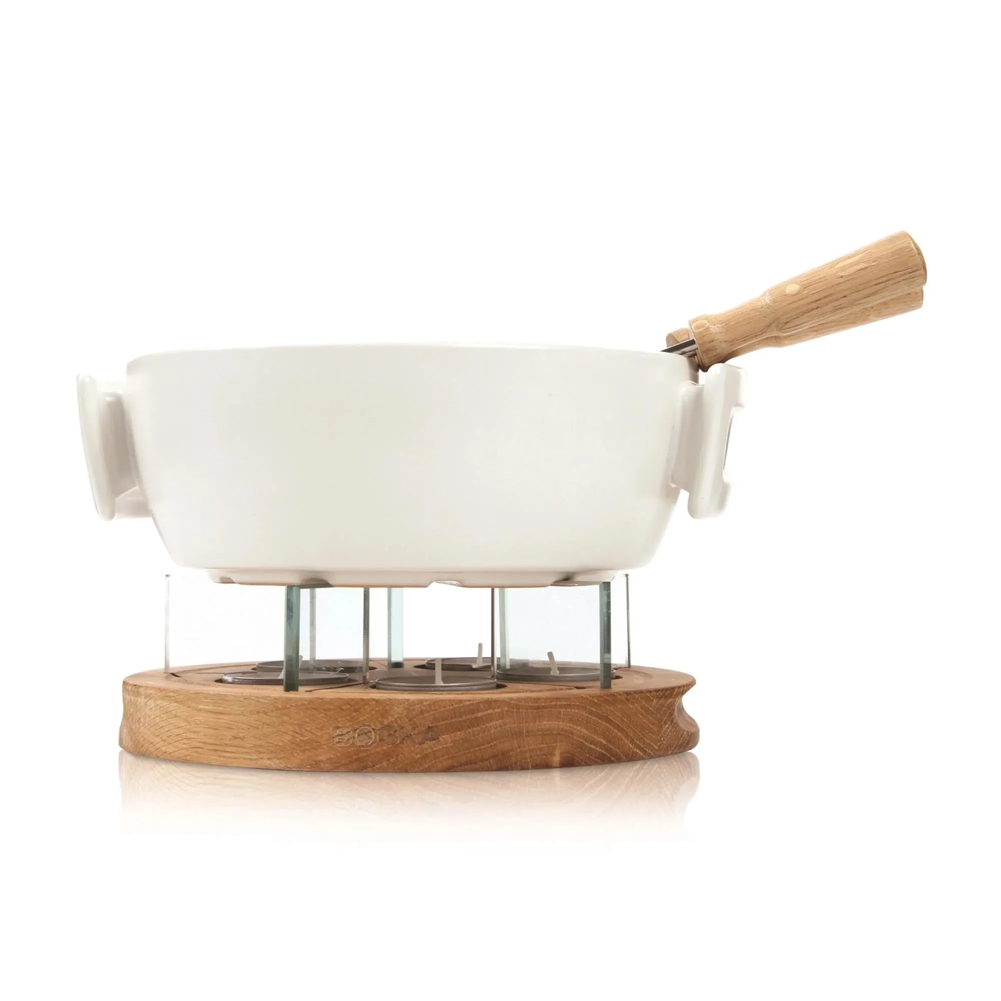 Elegantes Fondue-Set aus Keramik, Eiche, Glas und Edelstahl. Ideal für Käse- und Schokoladenfondue. Perfekt für gesellige Abende.