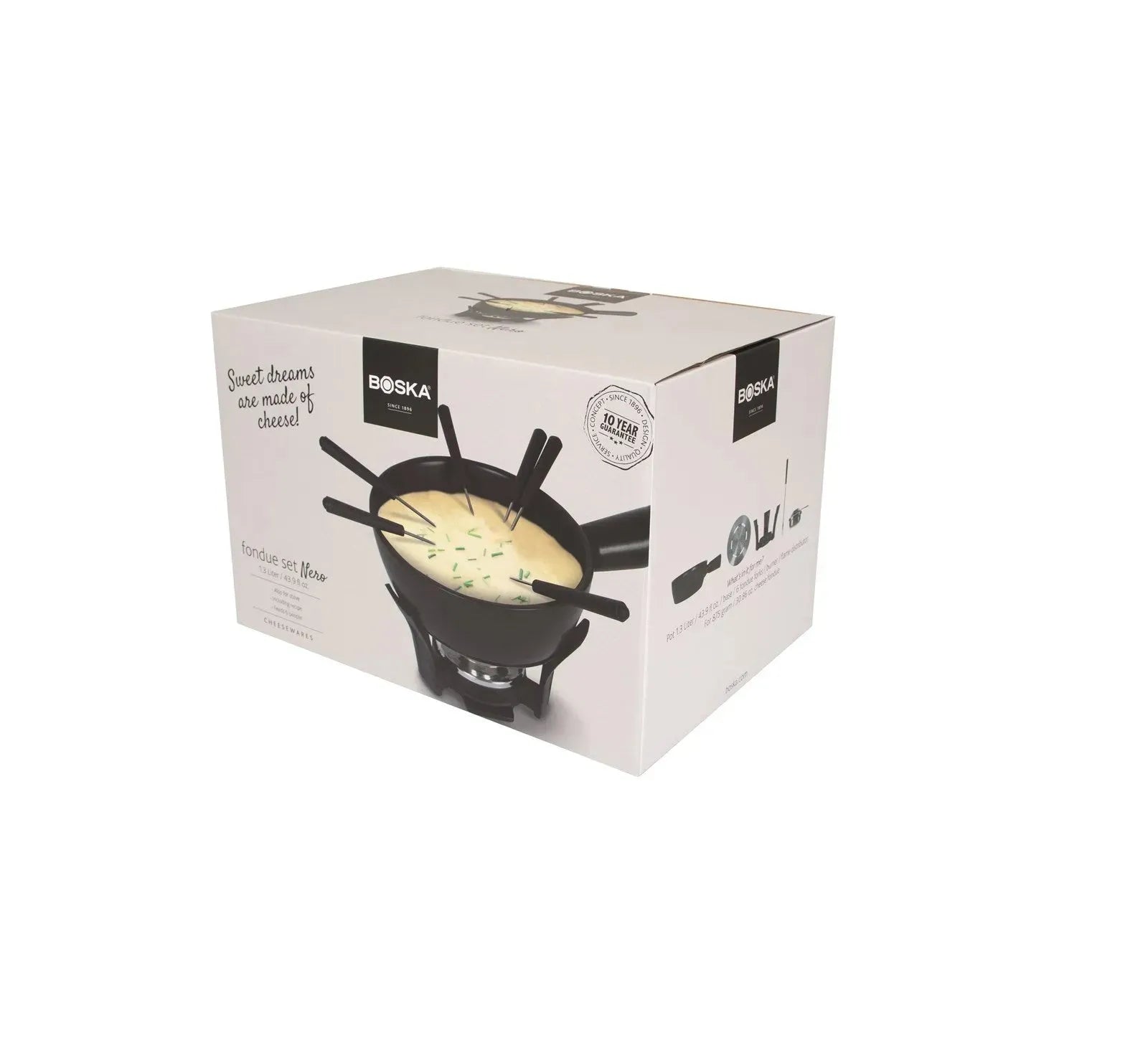 Das Fondue-Set Nero von Boska: 1,3L Edelstahl mit Keramikschüssel, ideal für Fondue und Raclette. Perfekt für gesellige Abende. Spülmaschinengeeignet.