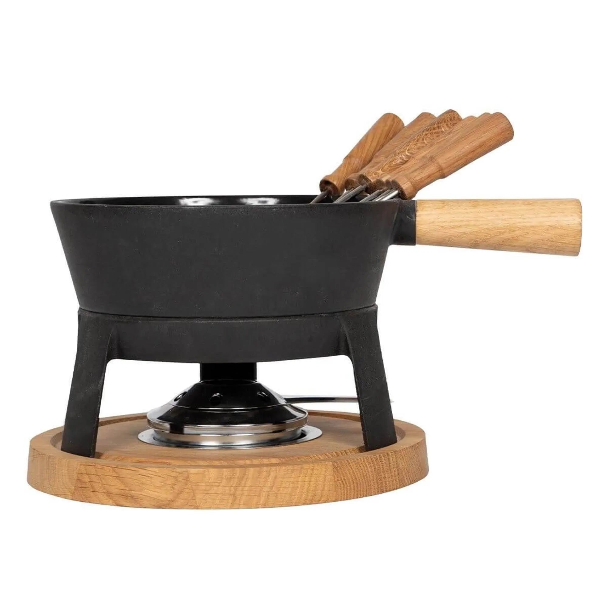 Fondueset Pro L: 1,8L Gusseisen, Eichenholzständer, ideal für Käse- & Schokoladenfondue. Perfekte Wärmeleitung & stilvolles Design.