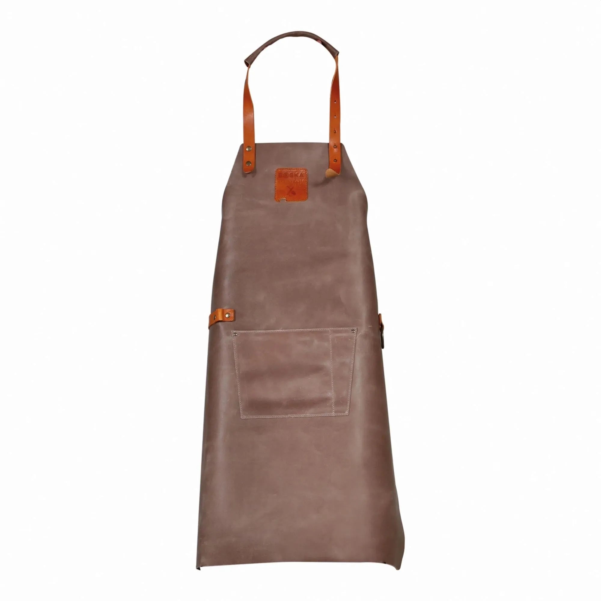 Elegante graue Küchenschürze aus Baumwolle mit praktischer Tasche und Lederdetails für stilvolles Kochen und Backen.