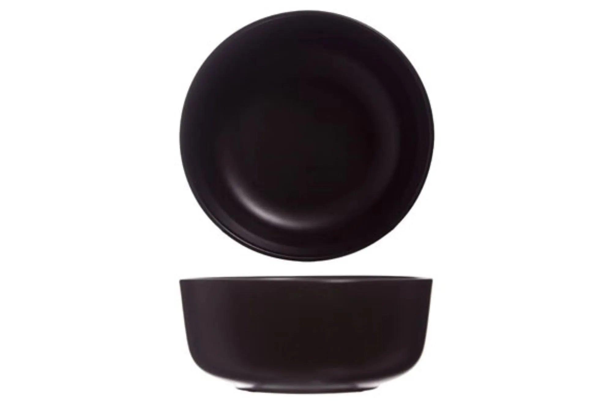 Elegante schwarze Okinawa Schüssel (Ø 15 cm, H 6,8 cm) aus robustem Steingut, ideal für Salate, Snacks und Desserts.