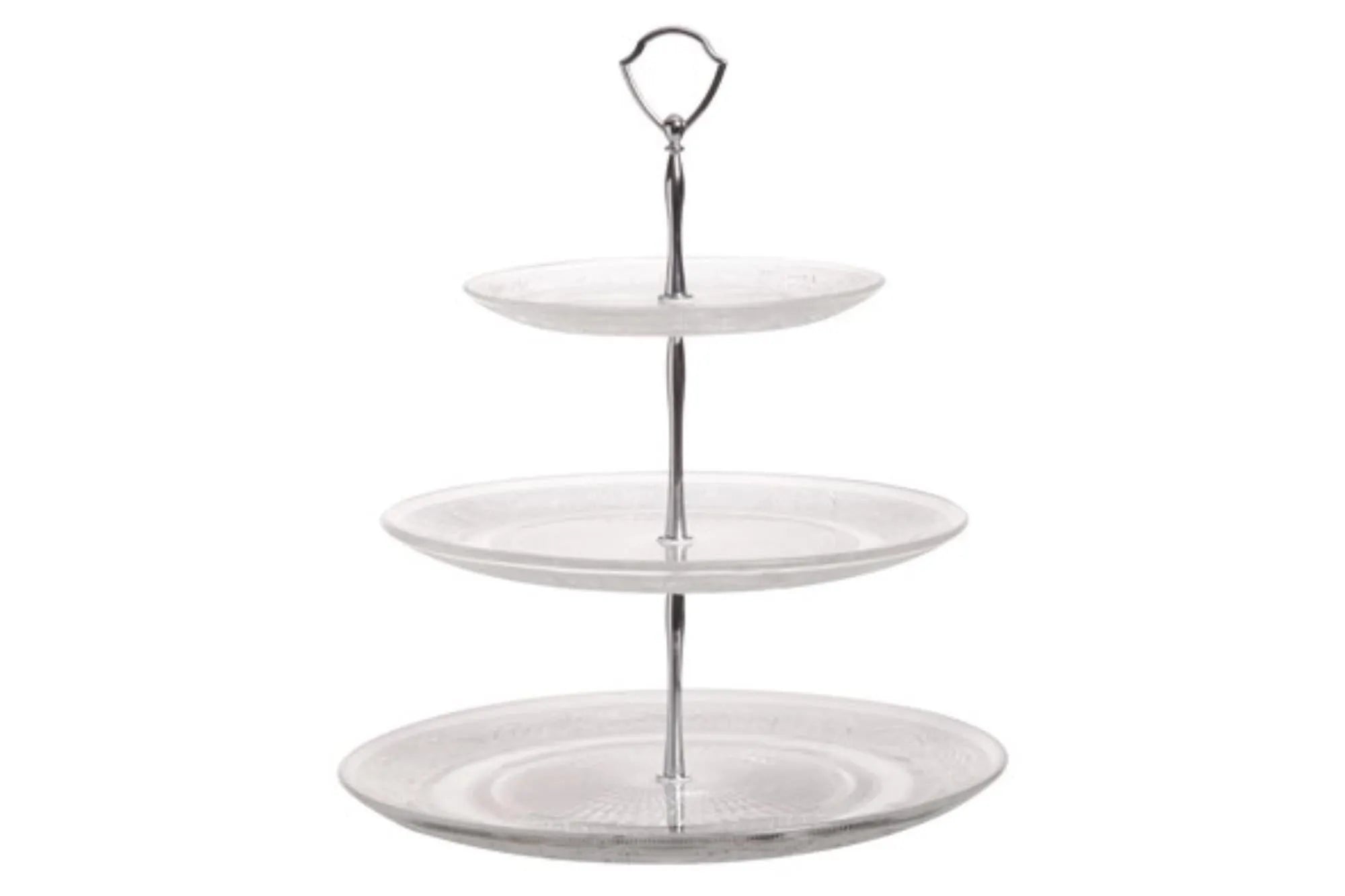 Elegante Retro Etagère aus Glas, dreistöckig (Ø 18-29 cm, H: 34 cm), ideal für stilvolle Präsentationen von Kuchen und Snacks.