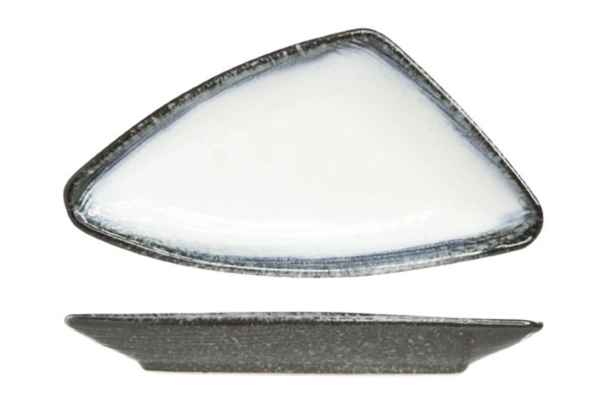 Eleganter dreieckiger Teller (20x10x2 cm) aus kratzfestem Steingut, ideal für Vorspeisen und Desserts. Modernes Sea Pearl Design.