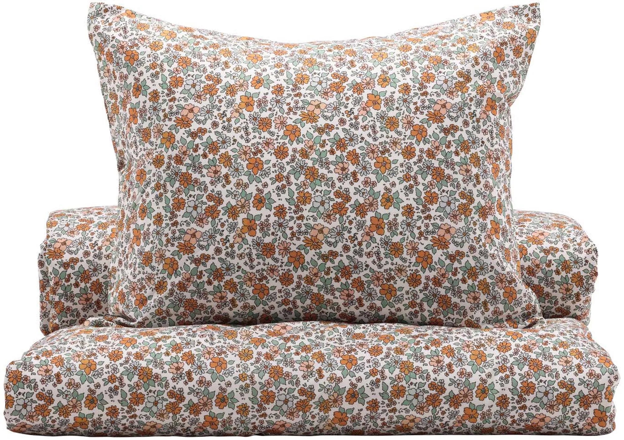 Elegante Vicky Bettgarnitur: 100% Polyester, langlebig, pflegeleicht, mit Blumenmotiven in Rot, Gelb, Orange. Maschinenwaschbar.