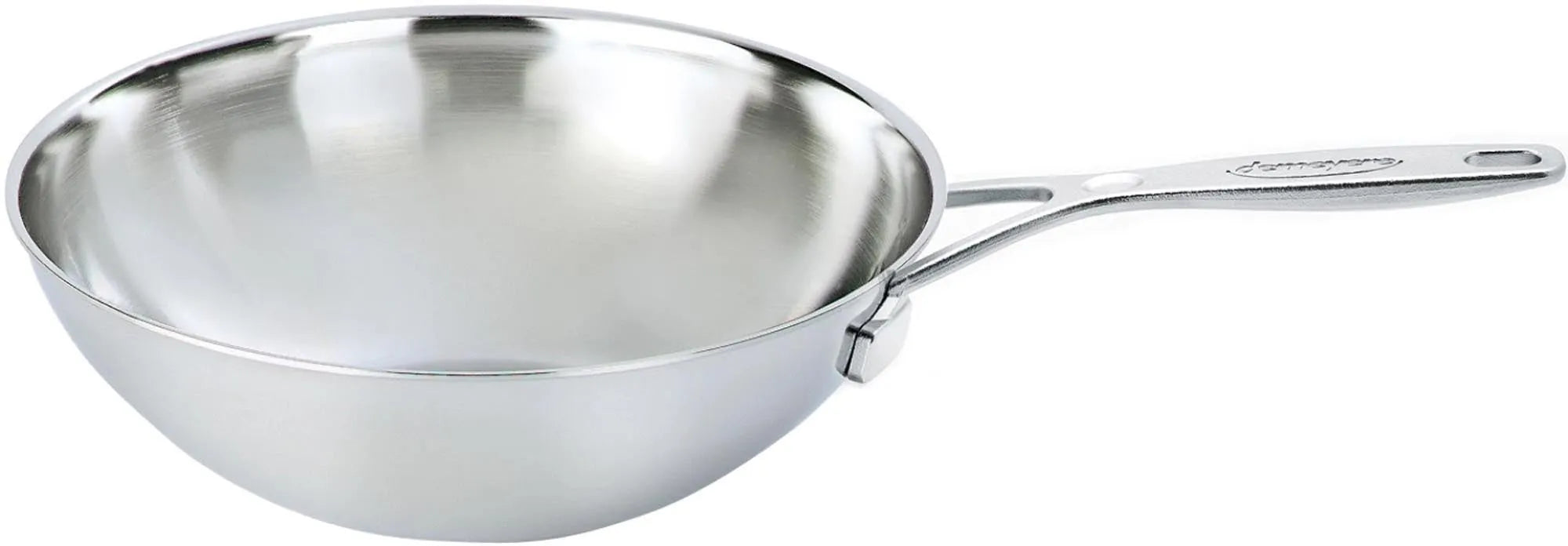 Hochwertiger 30cm Demeyere Wok aus 18/10 Edelstahl, ideal für asiatische Gerichte, mit Silvinox®-Oberfläche, induktionsgeeignet.