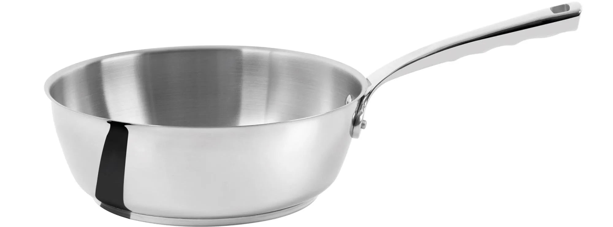 Die MILADY Sauteuse von de Buyer: Hochwertiger Edelstahl, konische Form, 3L Kapazität, induktionsgeeignet, ergonomische Griffe, spülmaschinenfest.