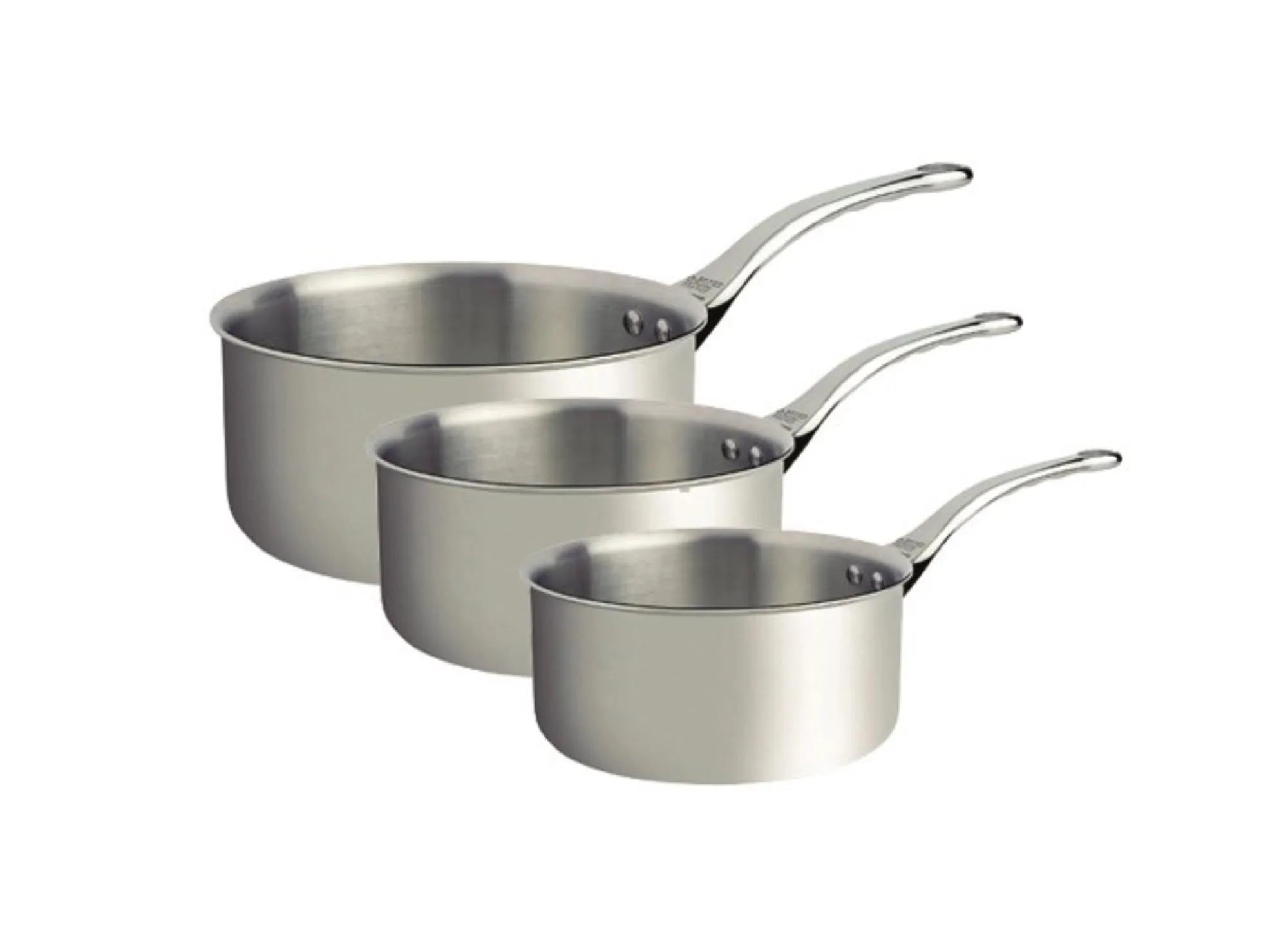 Elegantes 3er Set Stielkasserollen aus Edelstahl, ideal für Induktion. Perfekte Wärmeverteilung und ergonomisches Design.