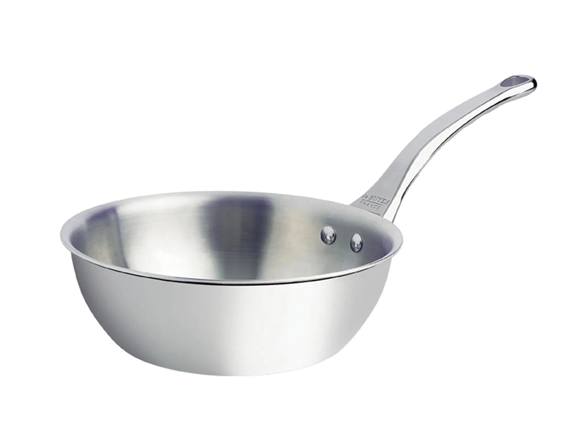 Elegante, konische Edelstahl-Sauteuse Ø 24cm von de Buyer, ideal für Induktion, mit ergonomischen Griffen und gleichmäßiger Wärmeverteilung.