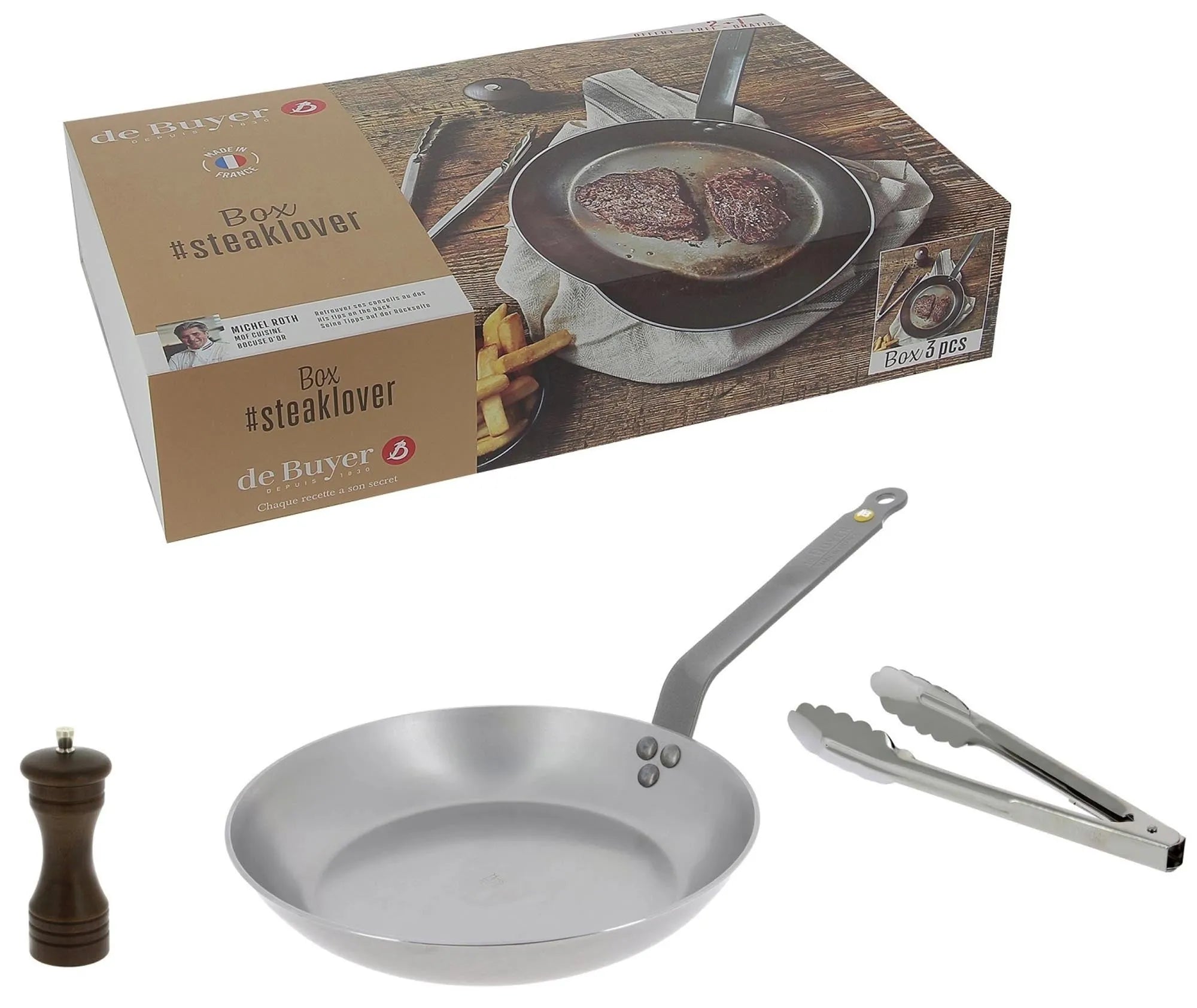 Perfektes Steak-Set: Mineral B Pfanne, Spatel & Mühle, Ø26cm.