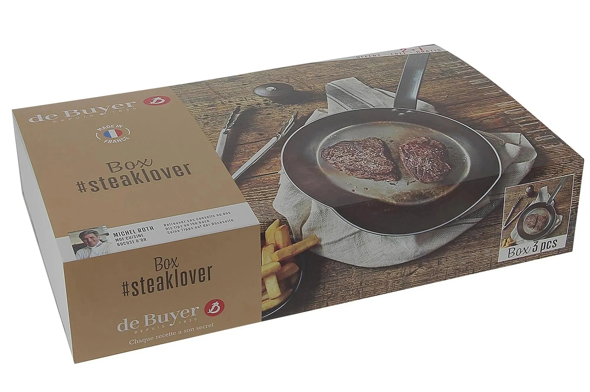 Das 3er Set STEAKLOVER von de Buyer: 26cm Stahlpfanne, Spatule & 14cm Moulin. Perfekt für Steakliebhaber, langlebig & induktionsgeeignet.