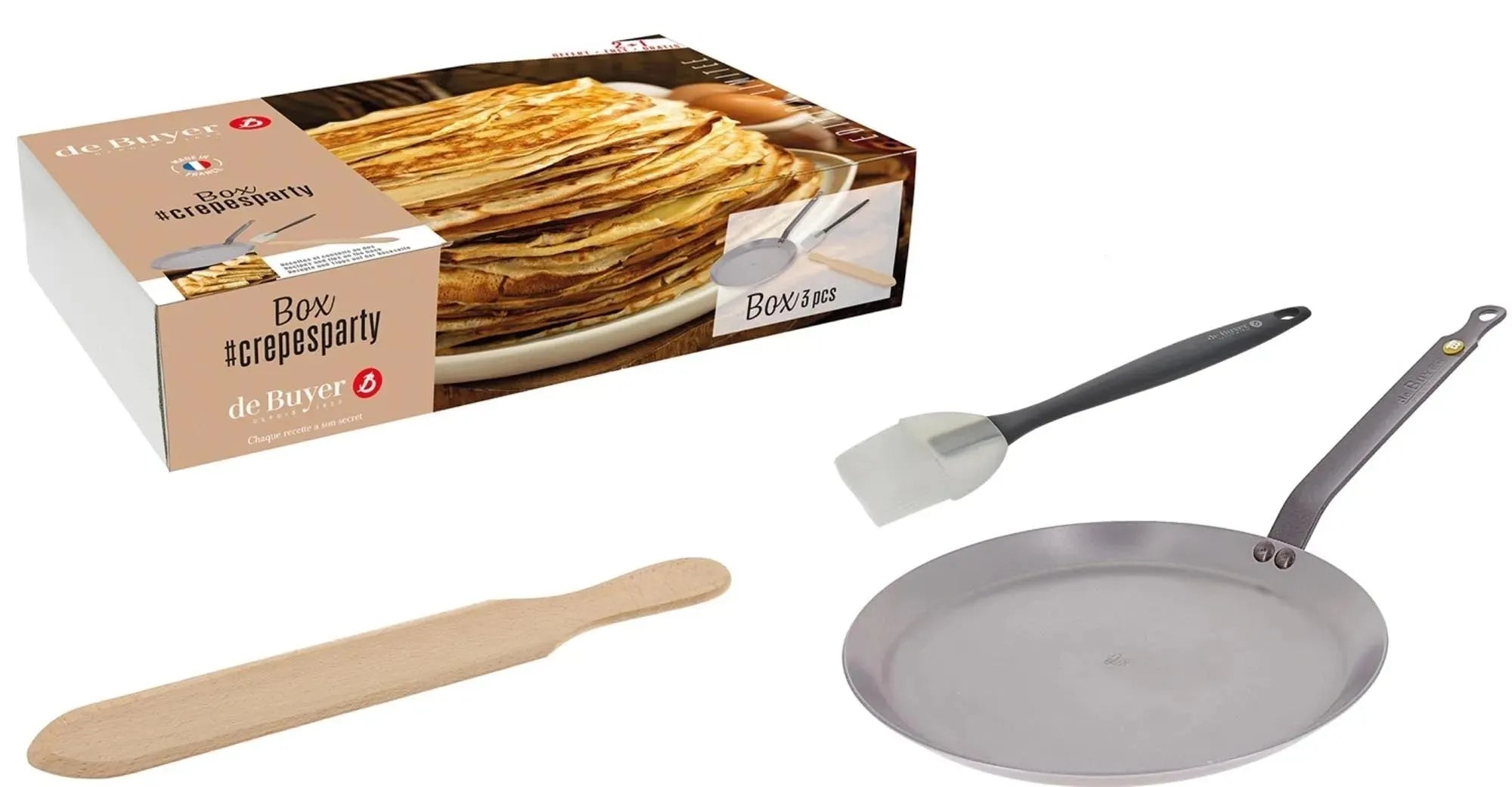 Perfektes Crêpes-Set: 26cm Stahlpfanne, Silikonpinsel & Buchenholzspachtel. Ideal für süße & herzhafte Crêpes. De Buyer Qualität!