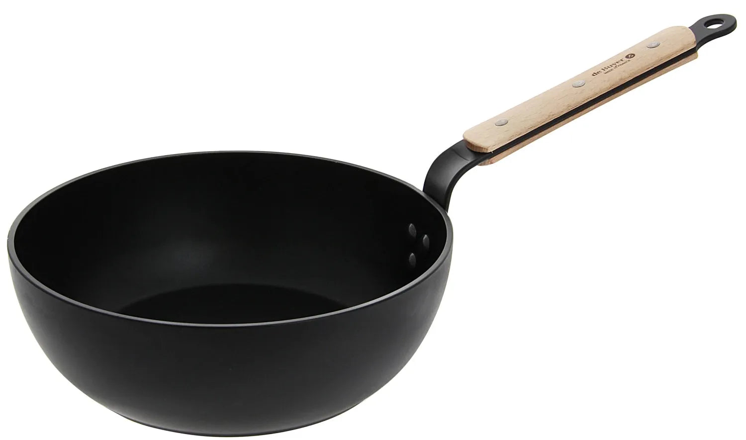 Die Choc B Bois Sauteuse Induction Ø 24cm von de Buyer: Leicht, stabil, mit Antihaftbeschichtung und ergonomischem Holzgriff. Perfekt für alle Herdarten.