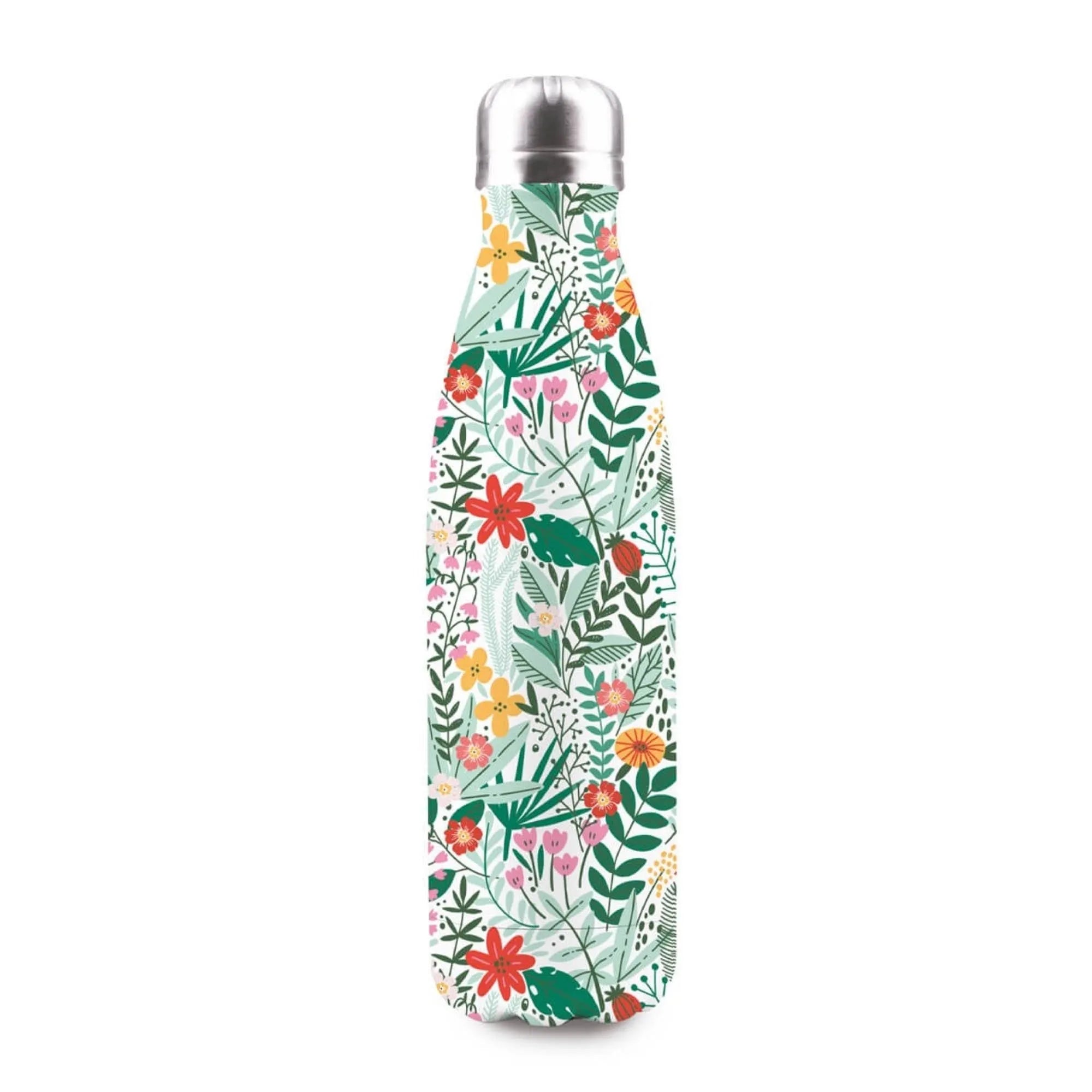 Stilvolle 500ml Isolierflasche aus Edelstahl, hält Getränke 12h heiß/kalt. BPA-frei, auslaufsicher, elegantes Botanic-Design.