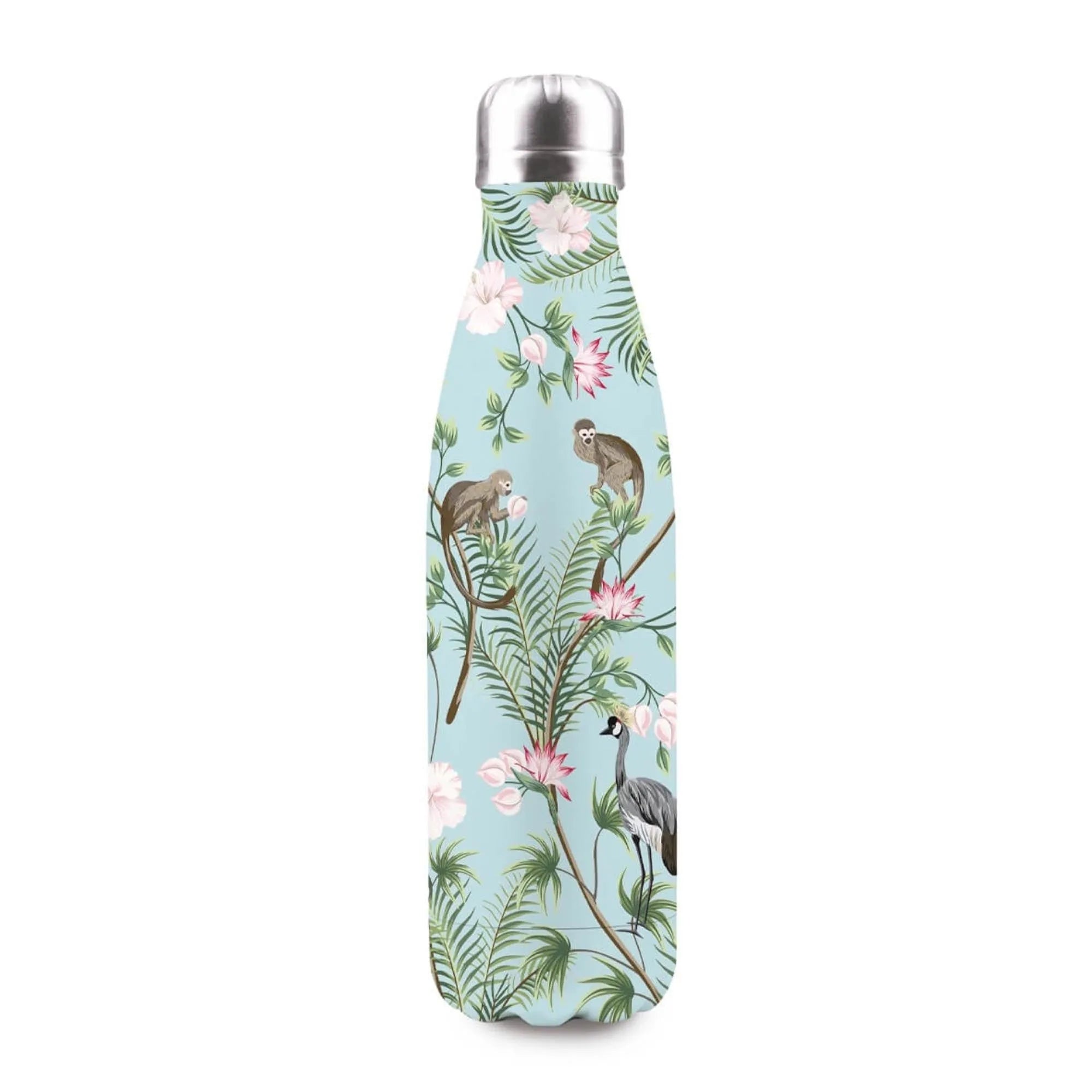 Stilvolle 500ml Isolierflasche im Wild Tropical Design, hält Getränke 12h heiß/kalt, auslaufsicher, ideal für Büro, Sport, Reisen.