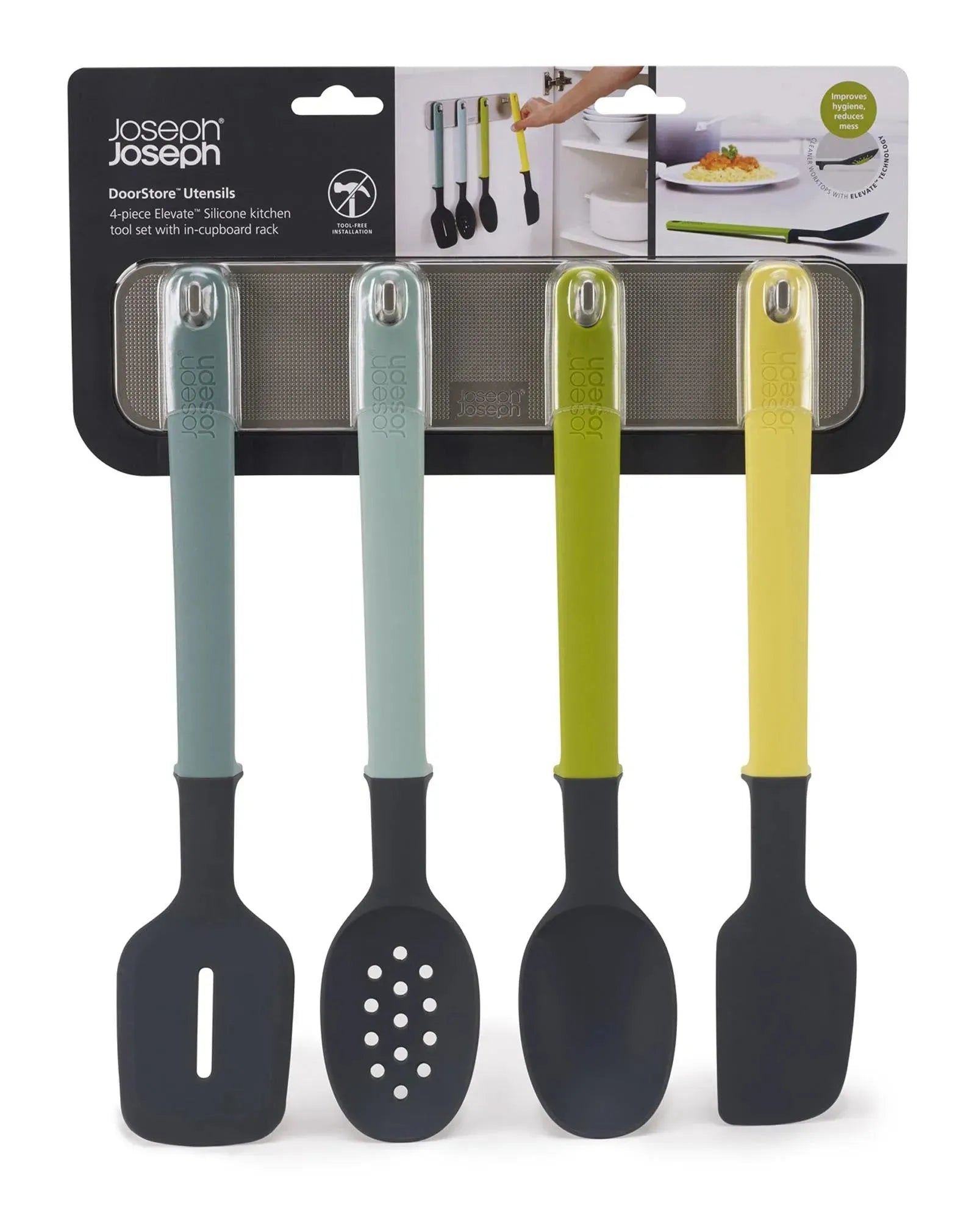 Das 4-teilige Elevate Küchenhelfer-Set von Joseph Joseph, aus hitzebeständigem Nylon und Silikon, bietet ergonomische, kratzfeste Werkzeuge für effizientes Kochen.