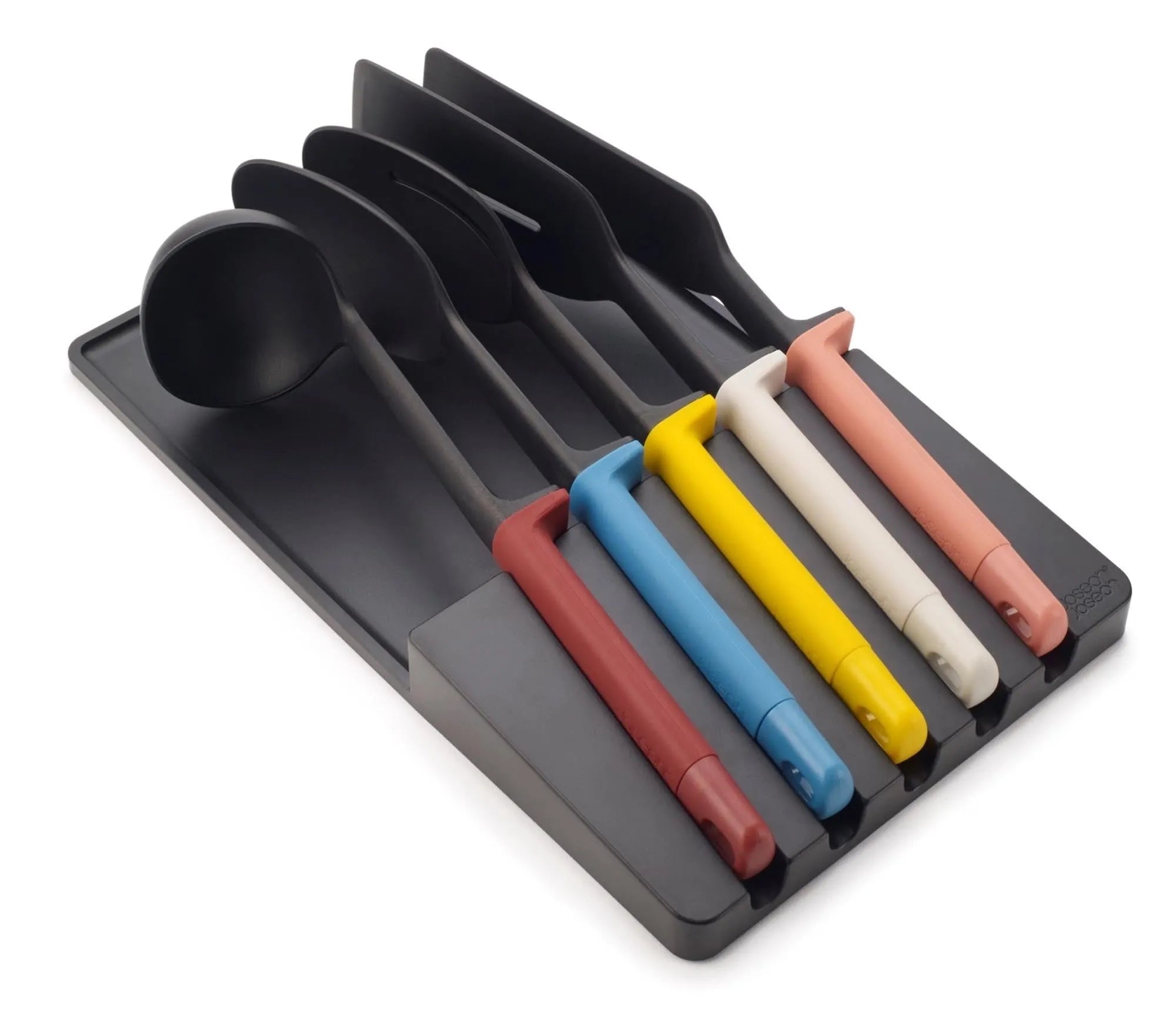 Das Elevate Utensils Set von Joseph Joseph: 5 hitzebeständige, langlebige Polypropylen-Utensilien, platzsparend und spülmaschinenfest.