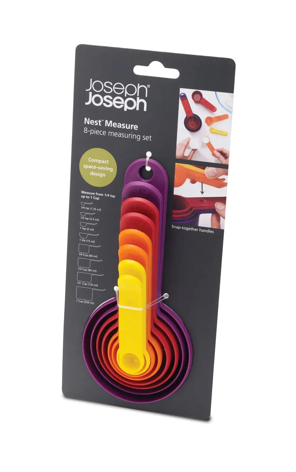 Farbenfrohes 8-teiliges Messlöffelset von Joseph Joseph für präzises Kochen.