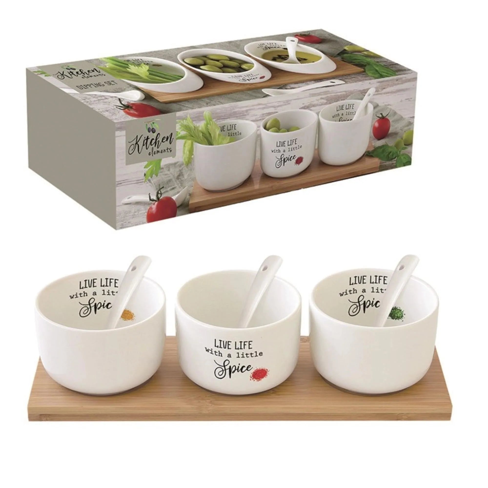 Elegantes Appetizer Set mit 3 Porzellanschalen, 2 Löffeln und Bambusplatte – ideal für stilvolle Präsentationen.